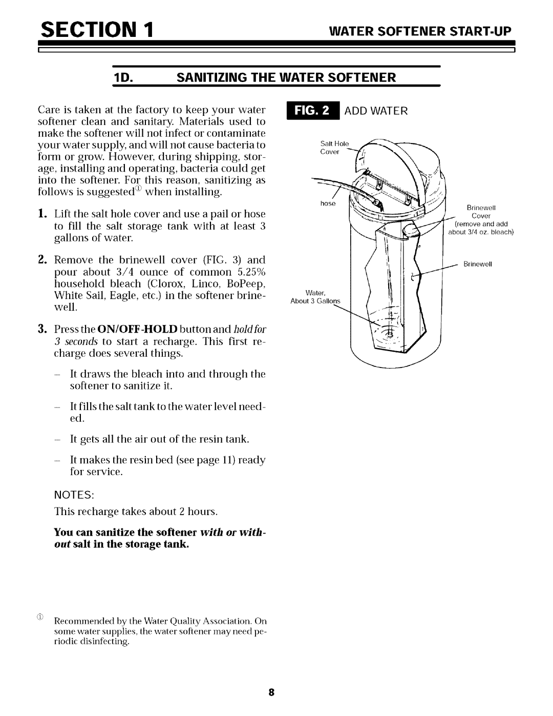 Sears 625.34854, 625.34855 owner manual 1D. Sanitizing, Water Softener, Start-Up, ADD Water 