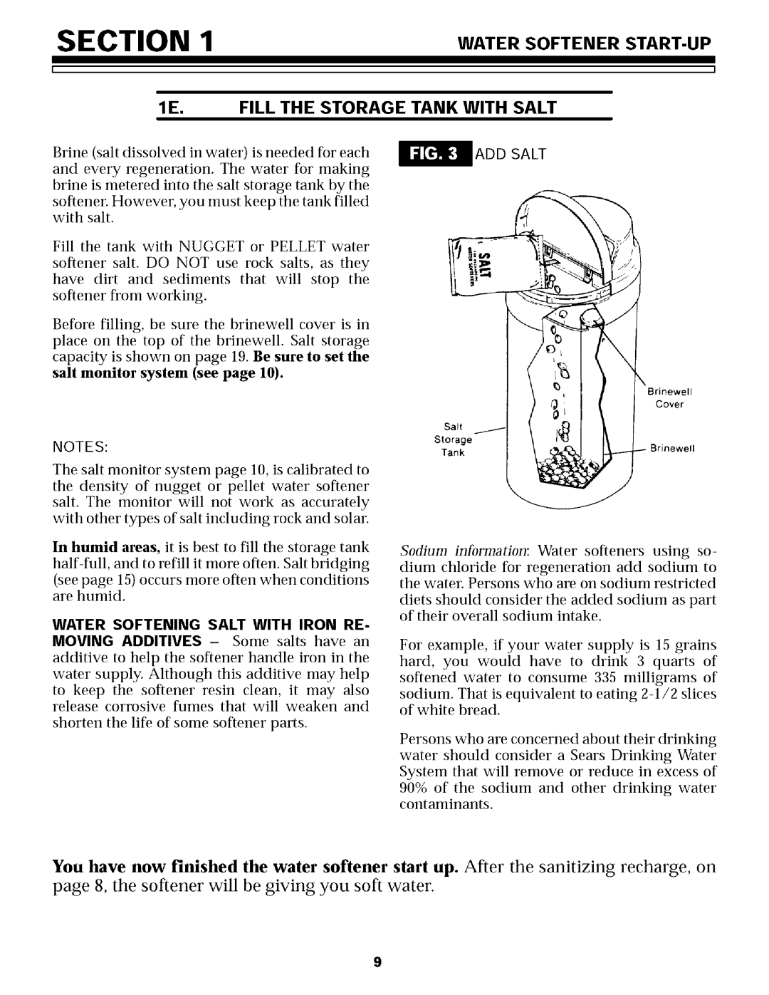 Sears 625.34855 Water Softener START-UP 1E. Fill the Storage Tank with Salt, ADD Salt, Water Softening Salt with Iron RE 