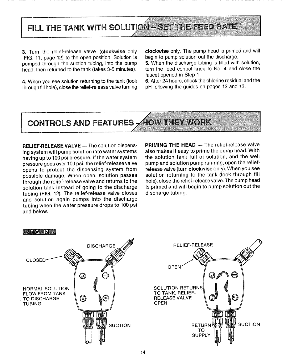 Sears 625.34929 owner manual Fill the Tank WnTH, Controls and Features, Relief-Release 