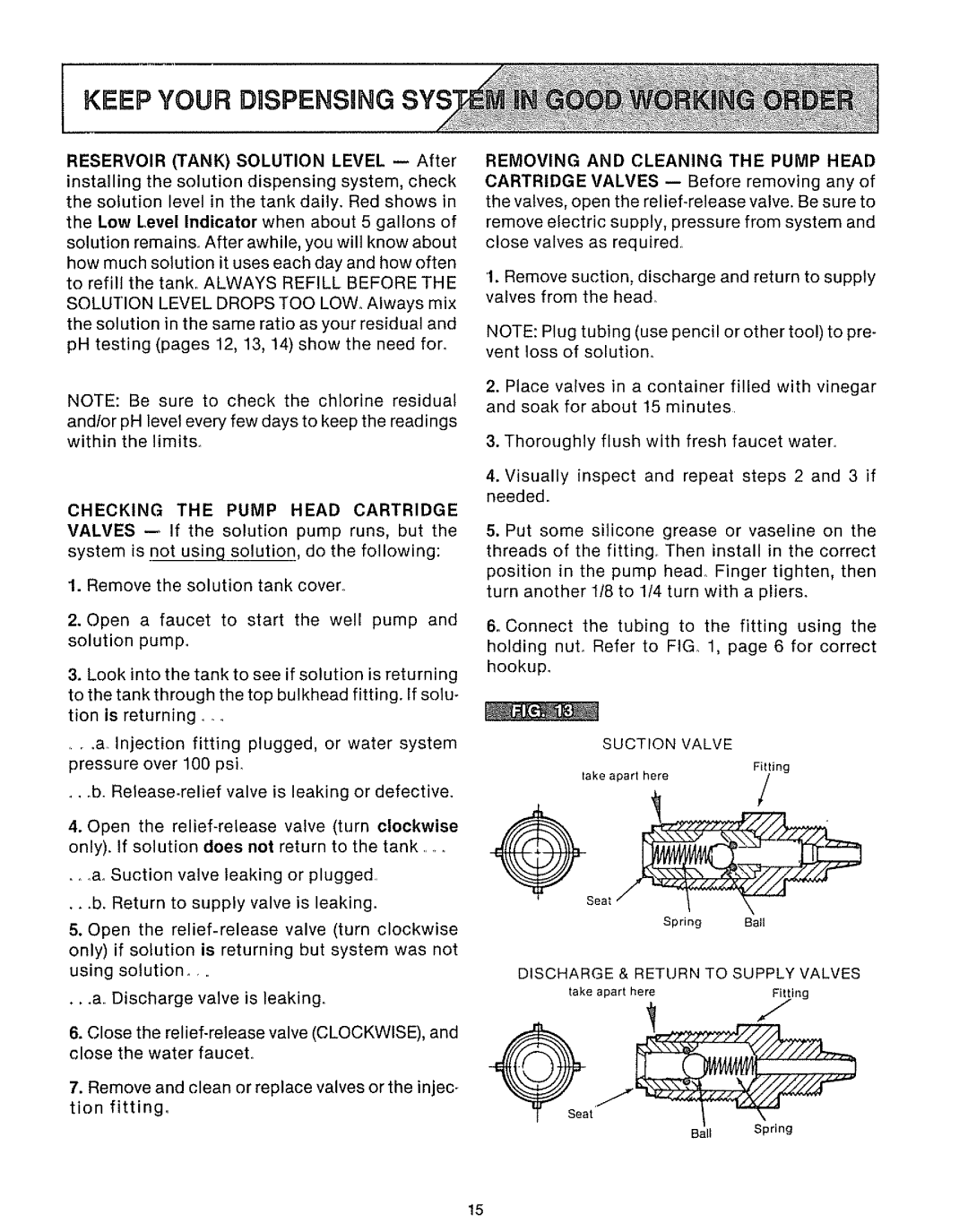 Sears 625.34929 owner manual Keep Your DaSPENSUNG, Removing and Cleaning the Pump Head, Suction Valve 