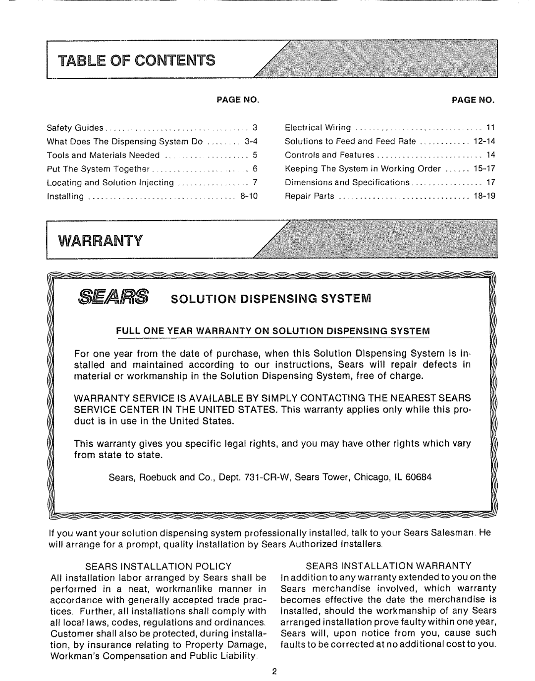 Sears 625.34929 owner manual SEAlS sOWT ONSPENS,NGSYSTEM, Table of Contents 