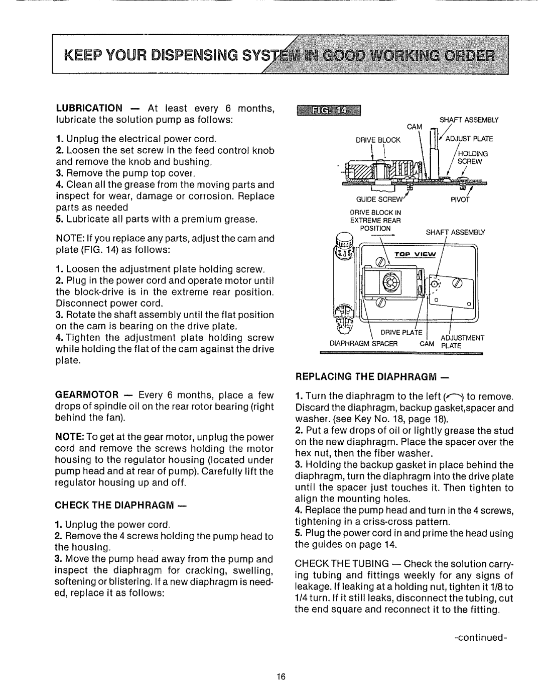 Sears 625.34929 owner manual I KEEPYOUR DUSPENSnNG, oi ojj, rf.......\ v. .w, Check The Diaphragm, Replacing The Diaphragm 
