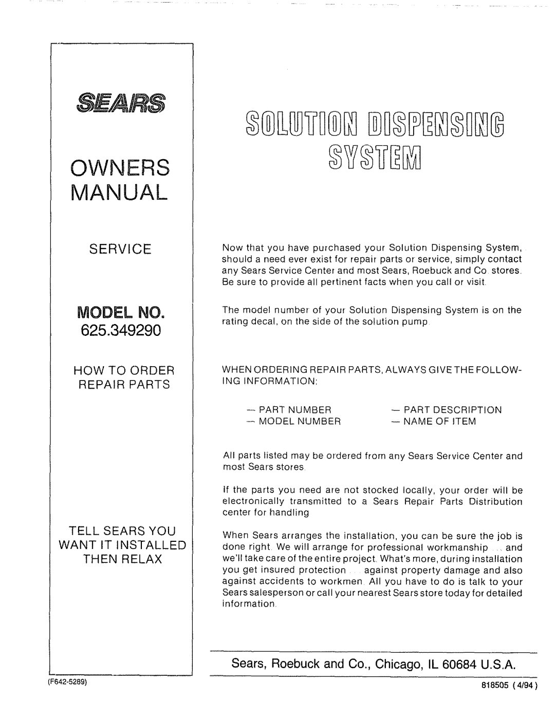 Sears 625.34929 S Ai S, Model No, Service, Sears, Roebuck and Co., Chicago, IL 60684 U.S.A, How To Order Repair Parts 