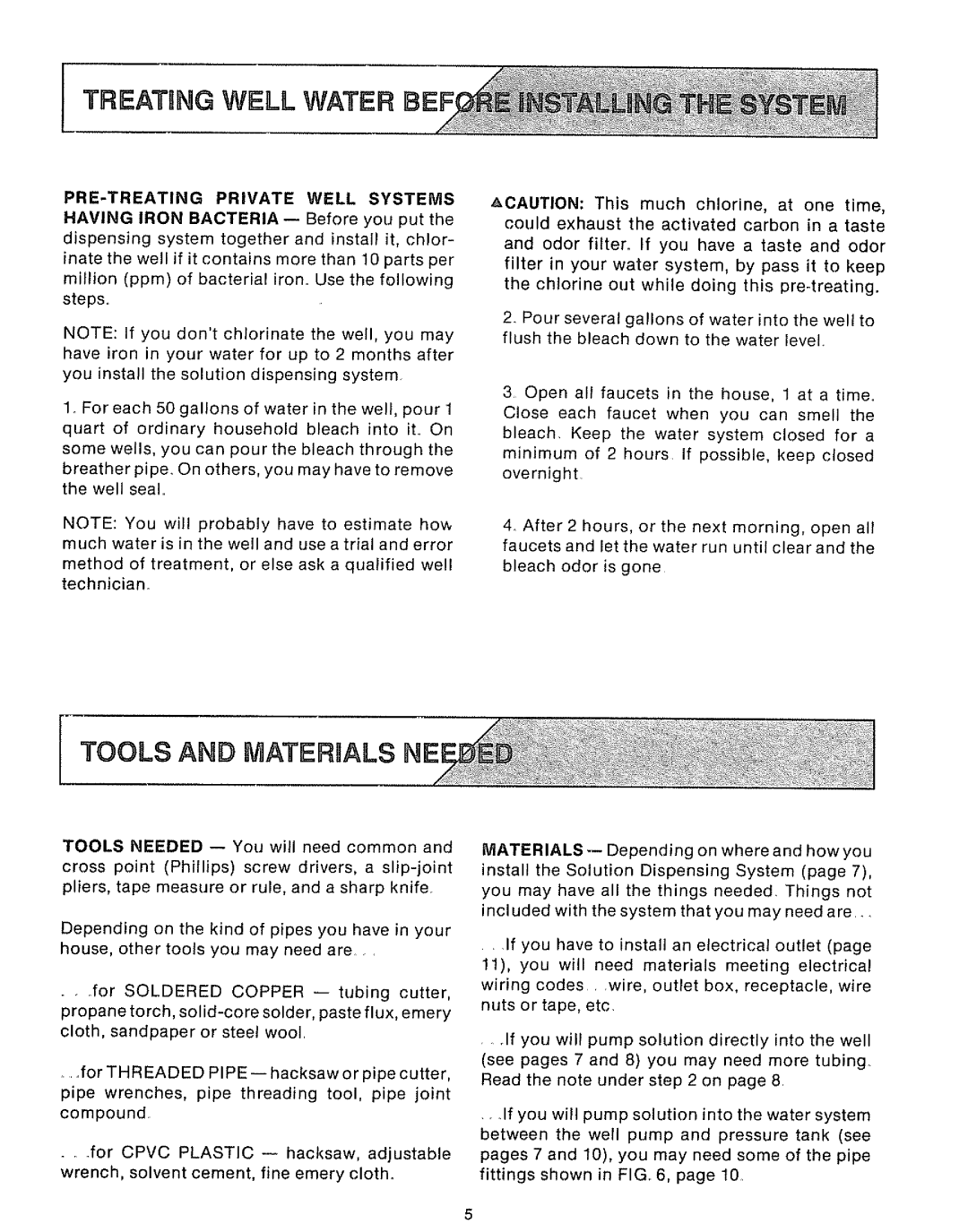 Sears 625.34929 owner manual Tools And Materials, Treating Well Water, Pre-Treatingprivate Well Systems 