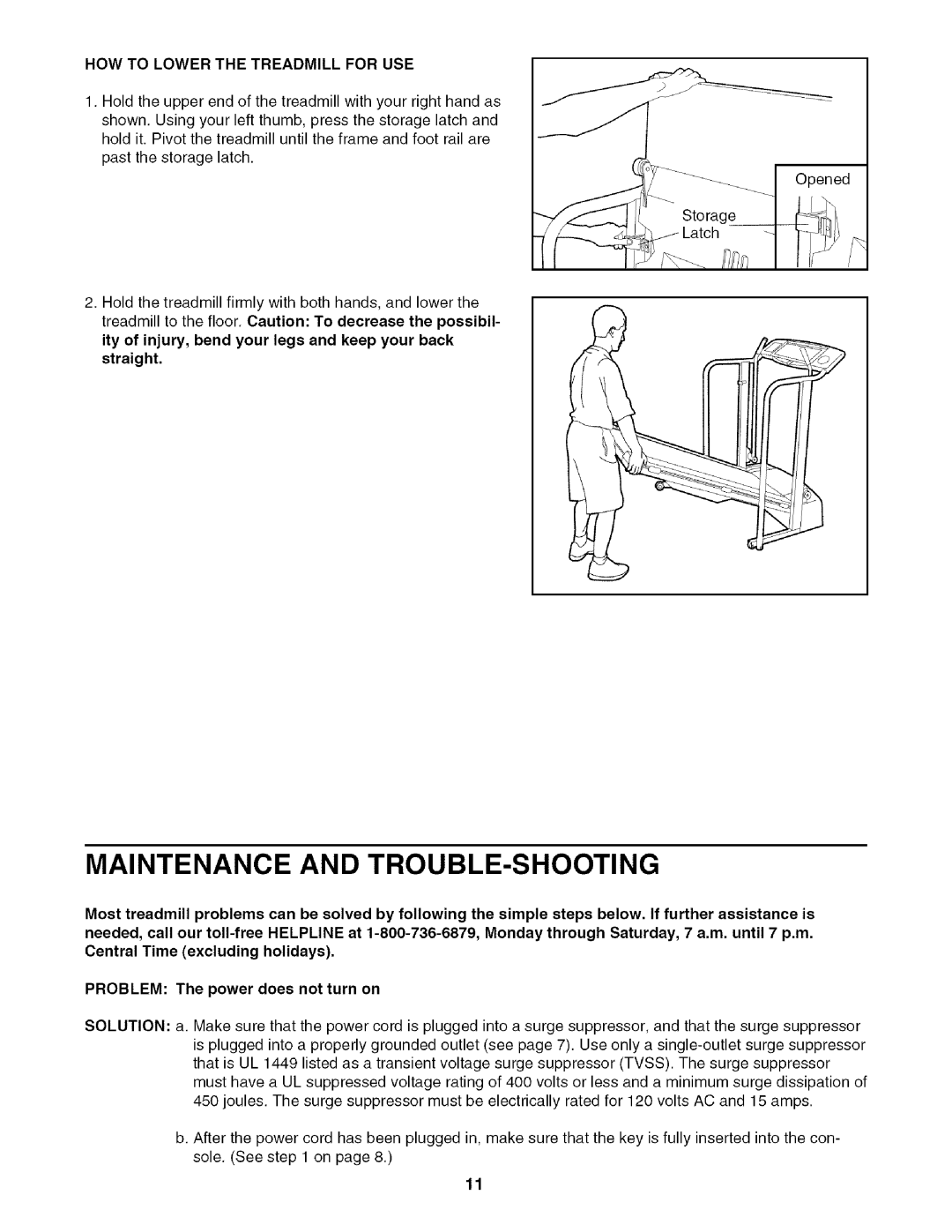 Sears 631.29739 user manual Maintenance and TROUBLE-SHOOTING, HOW to Lower the Treadmill for USE 