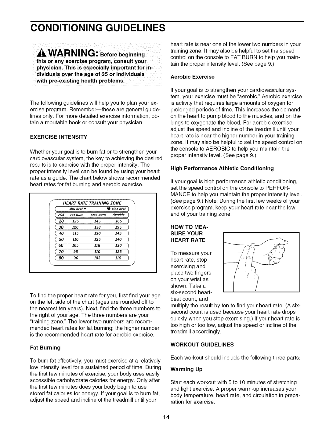 Sears 631.29739 user manual Conditioning Guidelines, HOW to MEA Sureyour Heart Rate, Workout Guidelines 