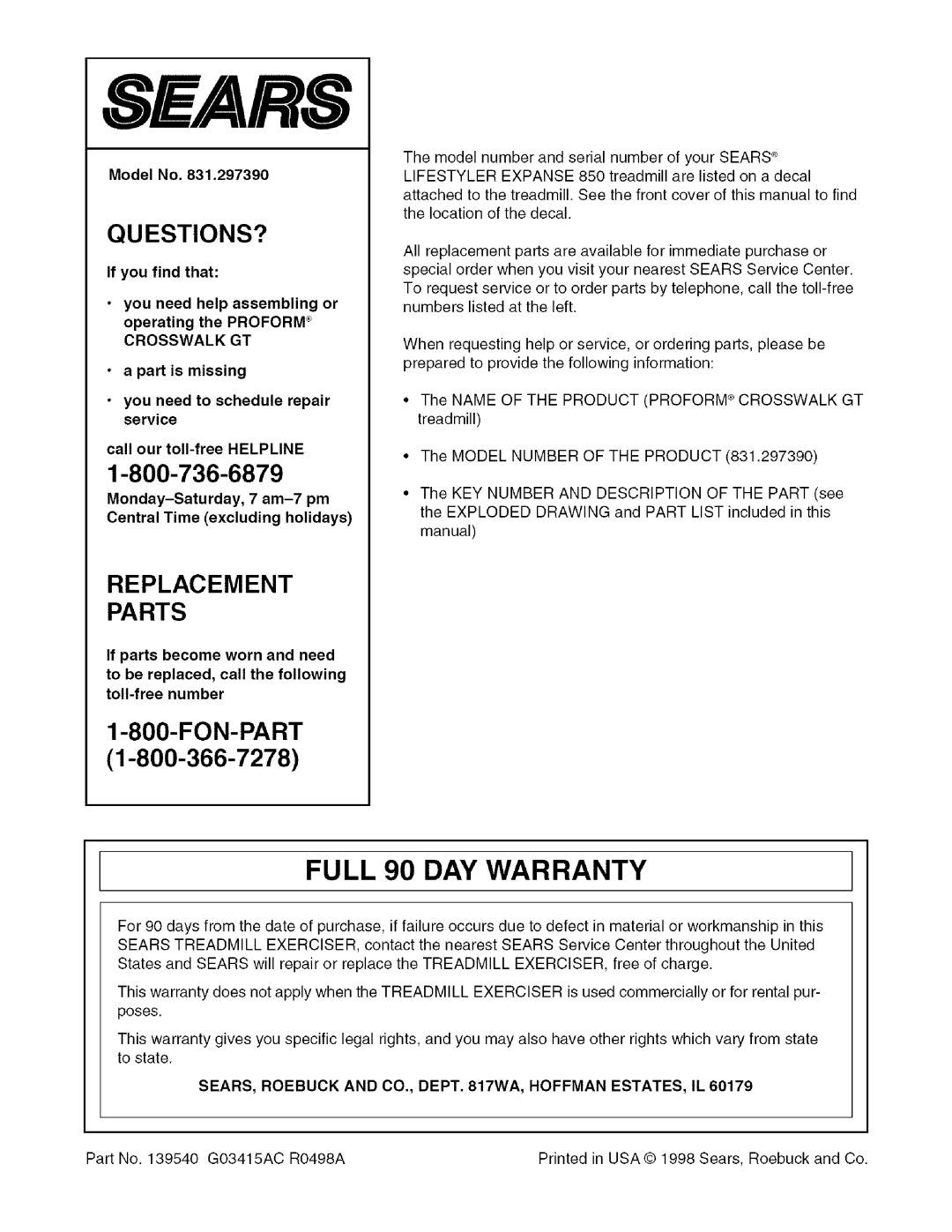 Sears 631.29739 user manual Full 90 DAY Warranty, Model No, 831,297390, Crosswalk GT 