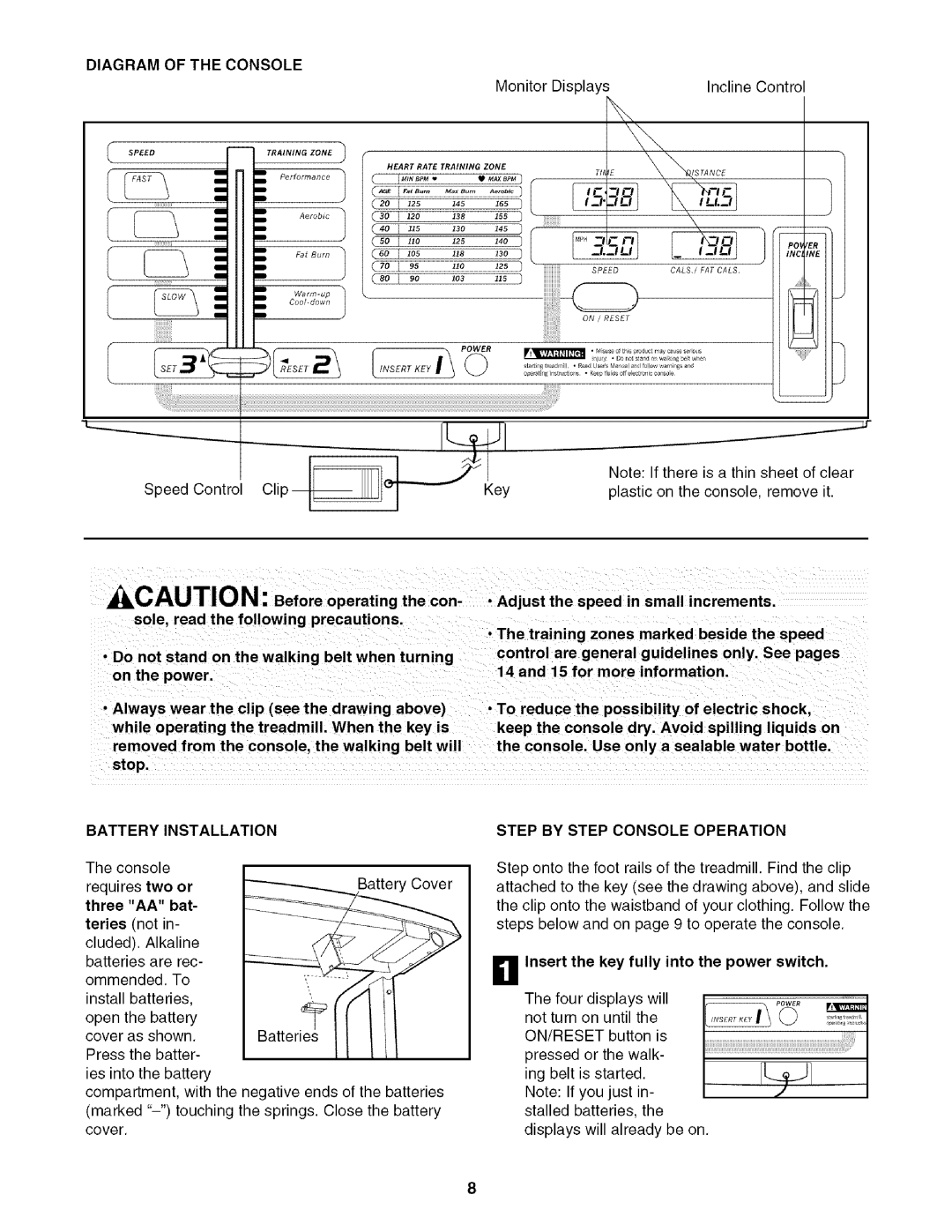 Sears 631.29739 Battery Installation, Step by Step Console Operation, Insert the key fully into the power switch 