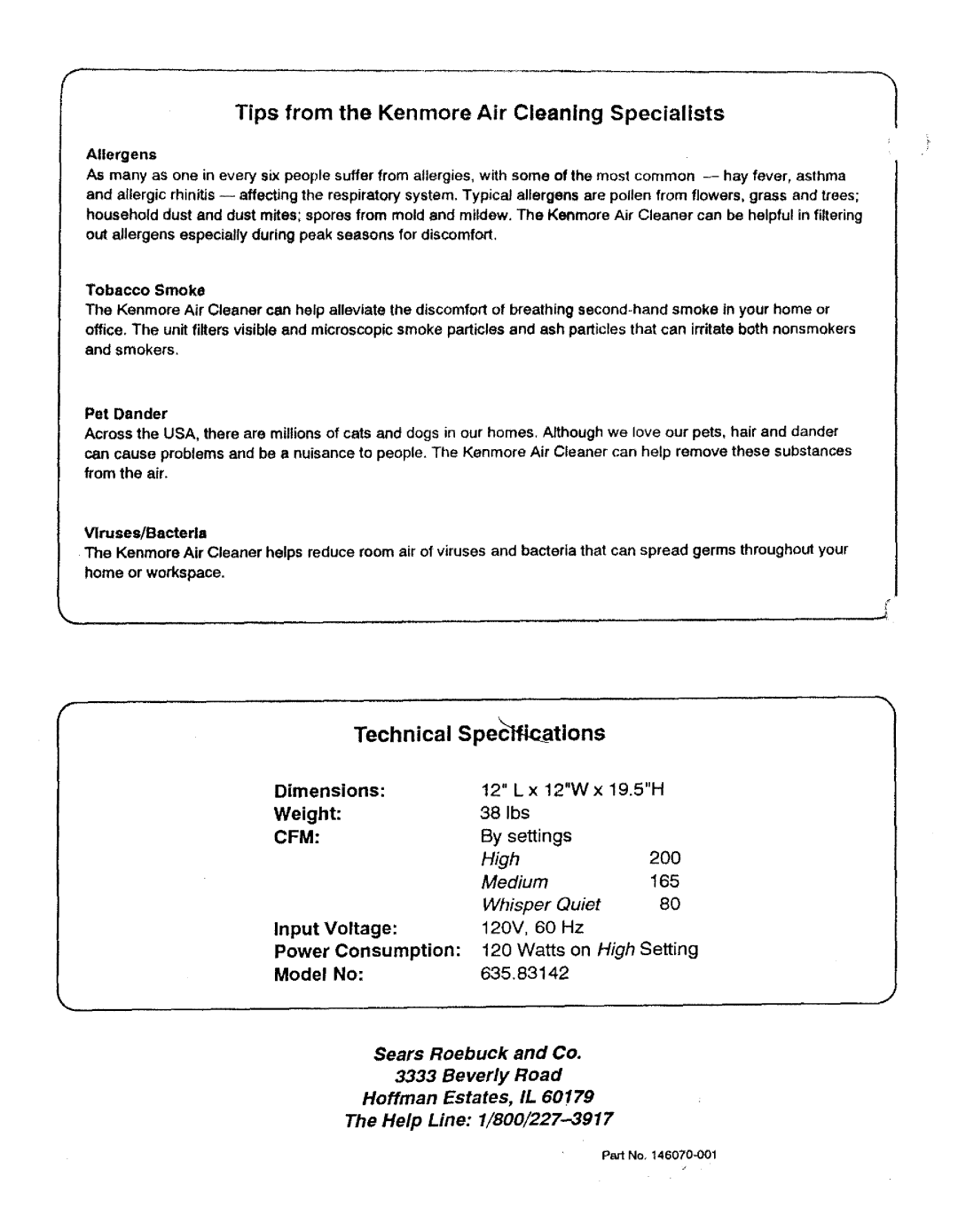 Sears 635.83142 owner manual Tips from the Kenmore Air Cleaning Specialists, Technical Speclfications 