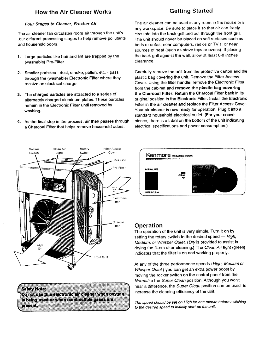 Sears 635.83142 owner manual Operation, How the Air Cleaner Works, Getting Started 