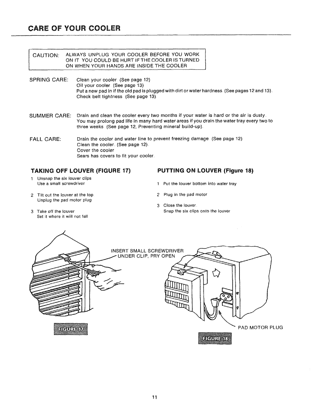 Sears 661.62463, 661.62467, 661.62392, 661.62453 Care of Your Cooler, Taking OFF Louver Figure, Putting on Louver Figure 