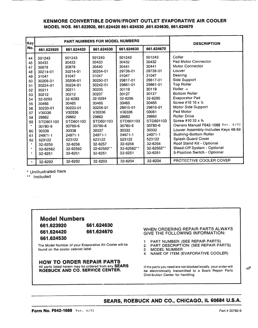 Sears 661.62463, 661.62467, 661.62392, 661.62453 HOW to Order Repair Parts, SEARS, Roebuck and CO., CHICAGO, IL 60684 U.S.A 