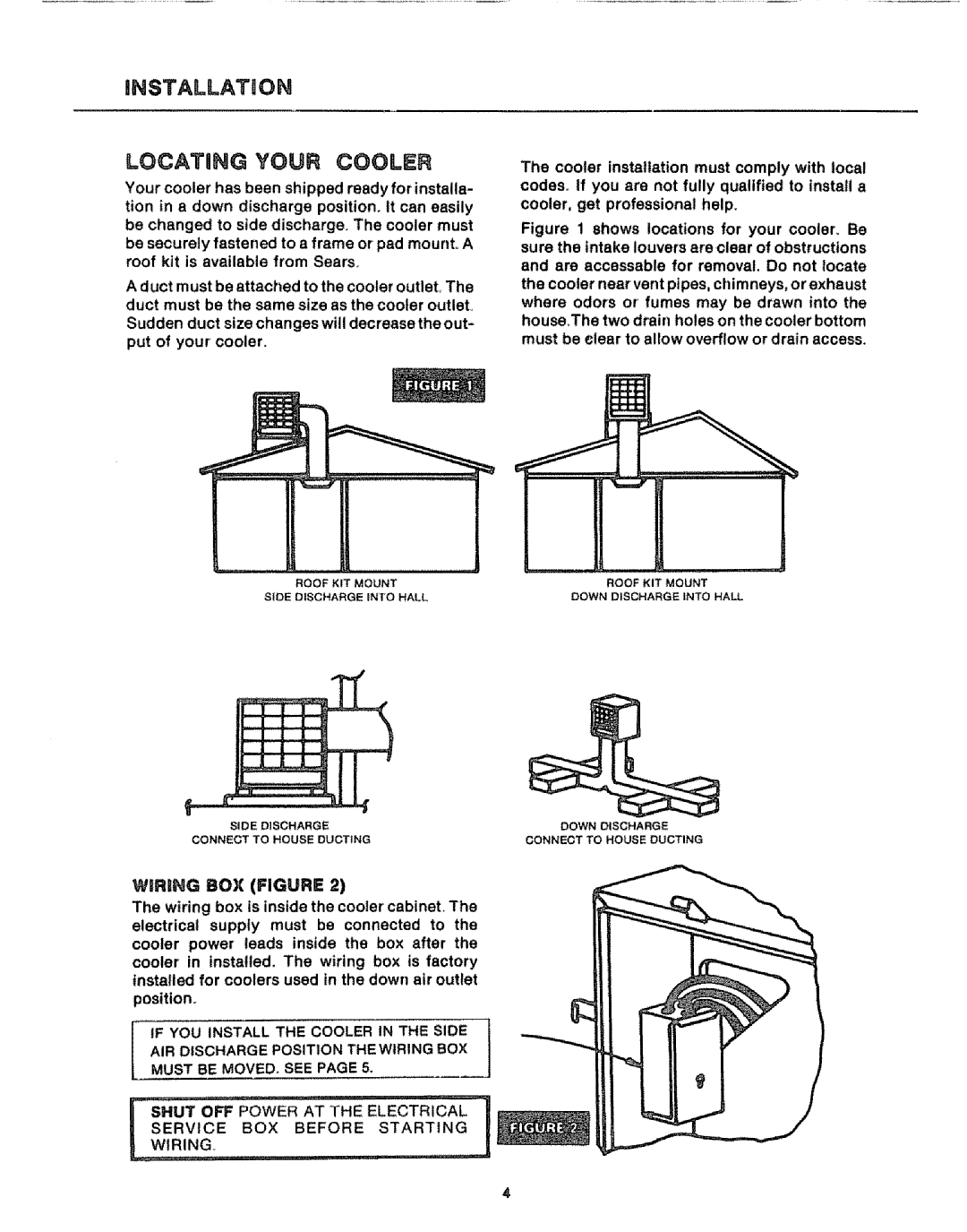 Sears 661.62442, 661.62467, 661.62463 Installathon Locating Your Cooler, Wirihg BOX Figure, Service BOX Before Starting 