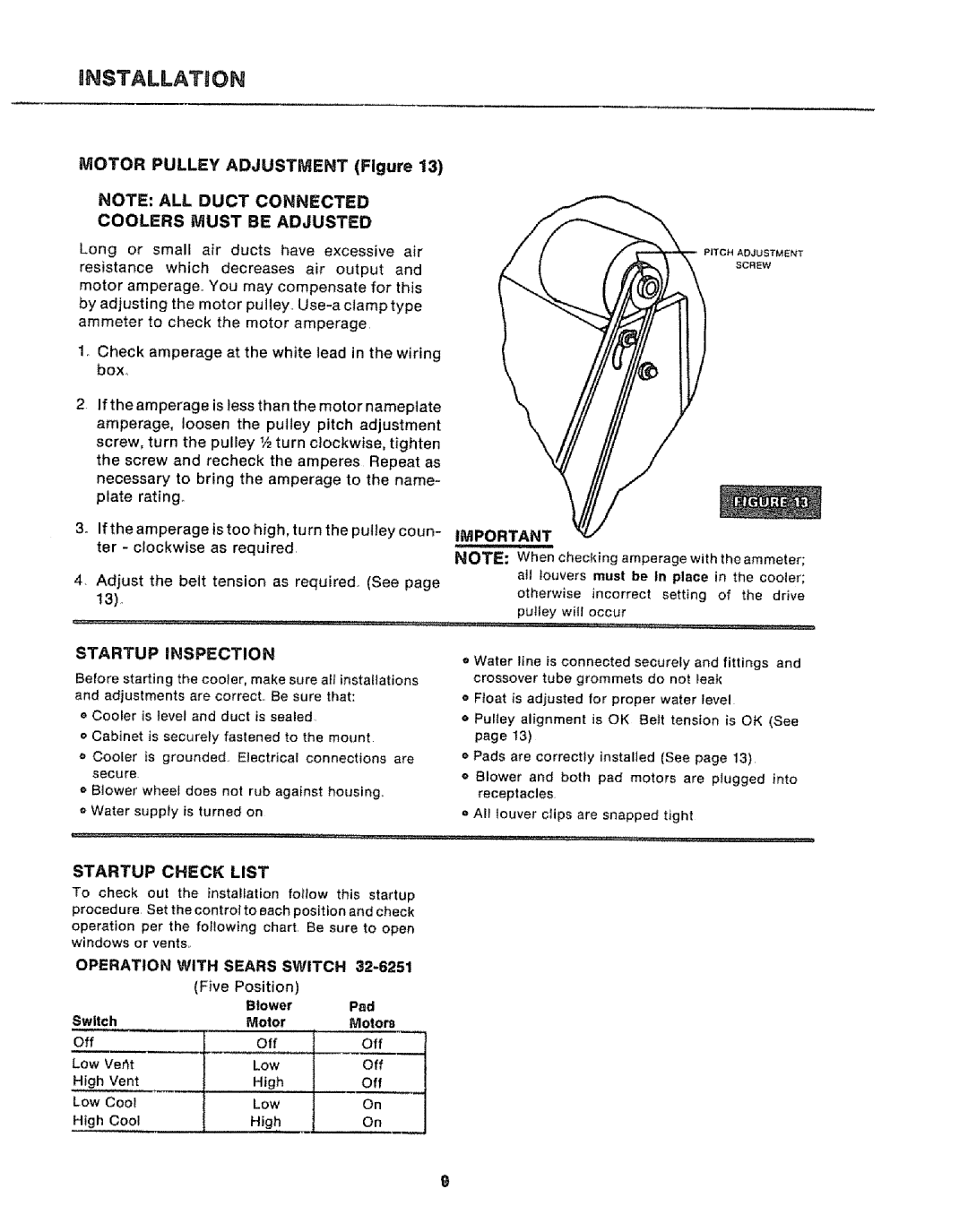 Sears 661.62442 manual Motor Pulley Adjustment Figure, Coolers Must be Adjusted, Startup Inspection, Startup Check List 