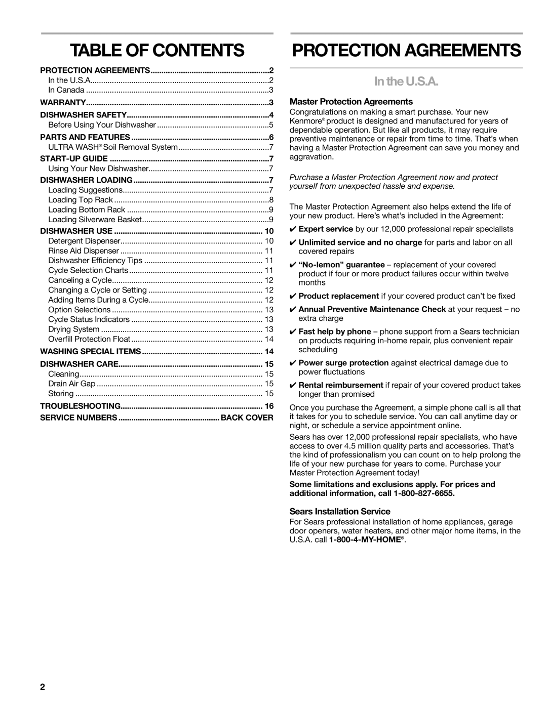 Sears 665.1359, 665.1369 manual Table of Contents, Protection Agreements 