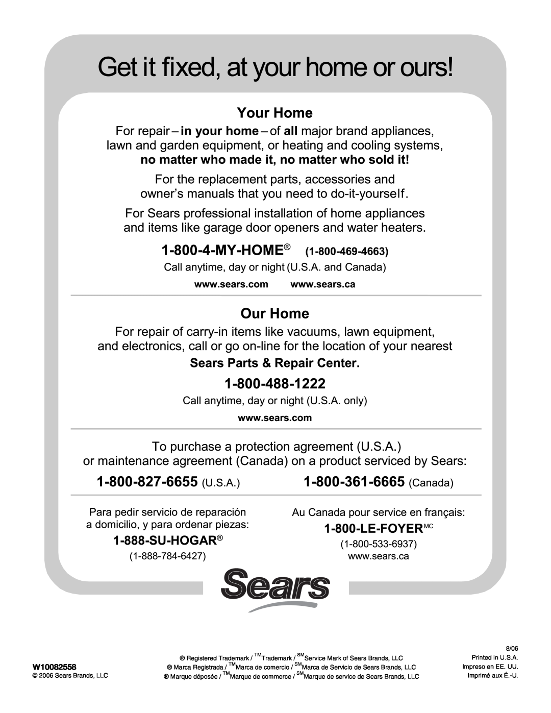 Sears 665.1359, 665.1369 manual W10082558, Sears Brands, LLC, Imprimé aux É.-U 