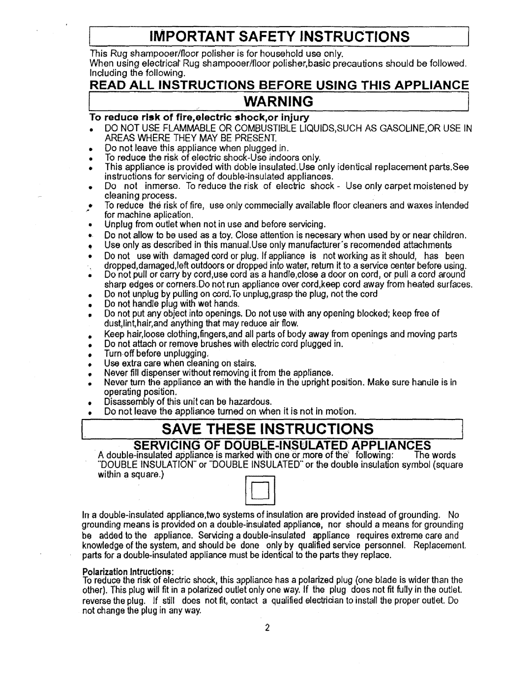 Sears 680.88973 owner manual To reduce risk of fire,electric shock,or injury, Within a square, Polarization Intructions 