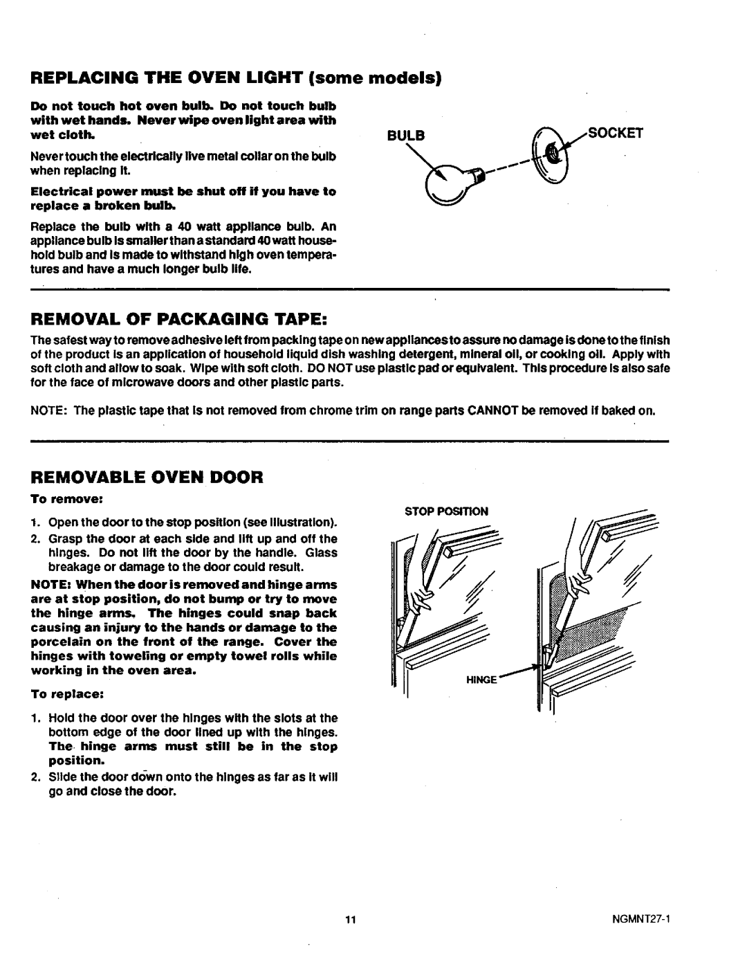 Sears 71381 warranty Removable Oven Door, Removal of Packaging Tape, Bulb, Stop Position 