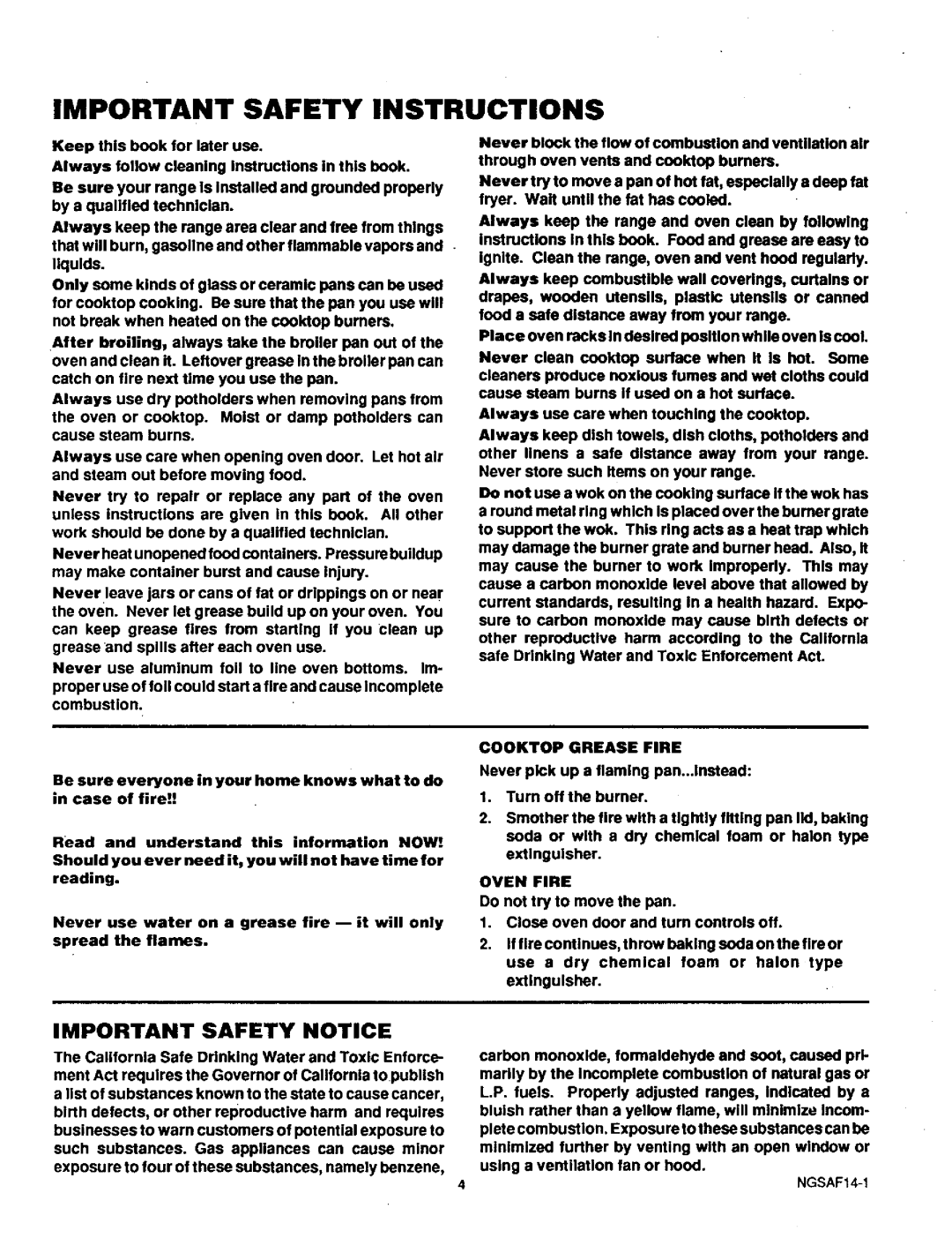 Sears 71381 warranty Important Safety Instructions, Important Safety Notice, Cooktop Grease Fire, Oven Fire, NGSAF14-1 