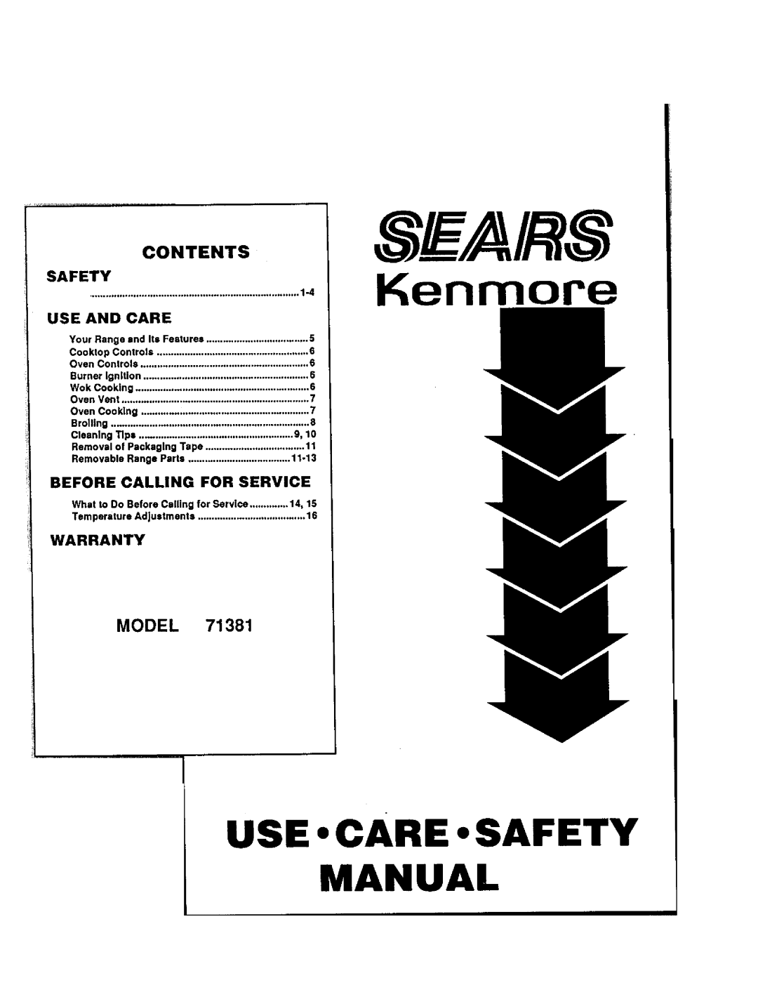Sears 71381 warranty Manual, Contents, Model, Safety, Useandcare, Before, Calling, For Service, Warranty, Sears, Kenmore 