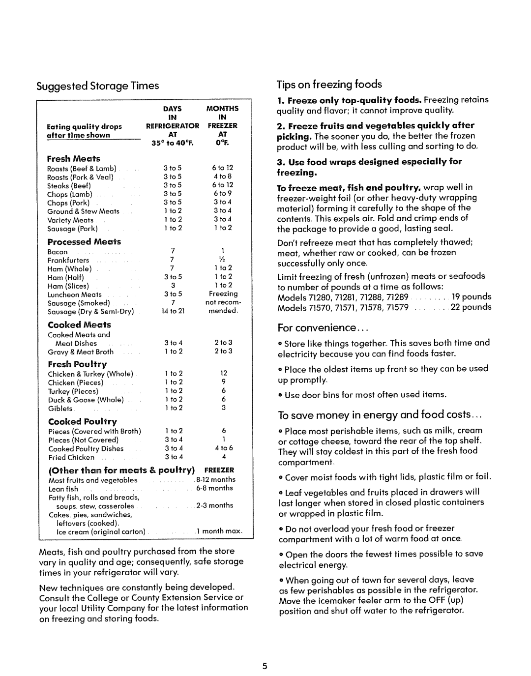 Sears 71289 Suggested Storage Times, Tips on freezing foods, To save money in energy and food costs, For convenience 