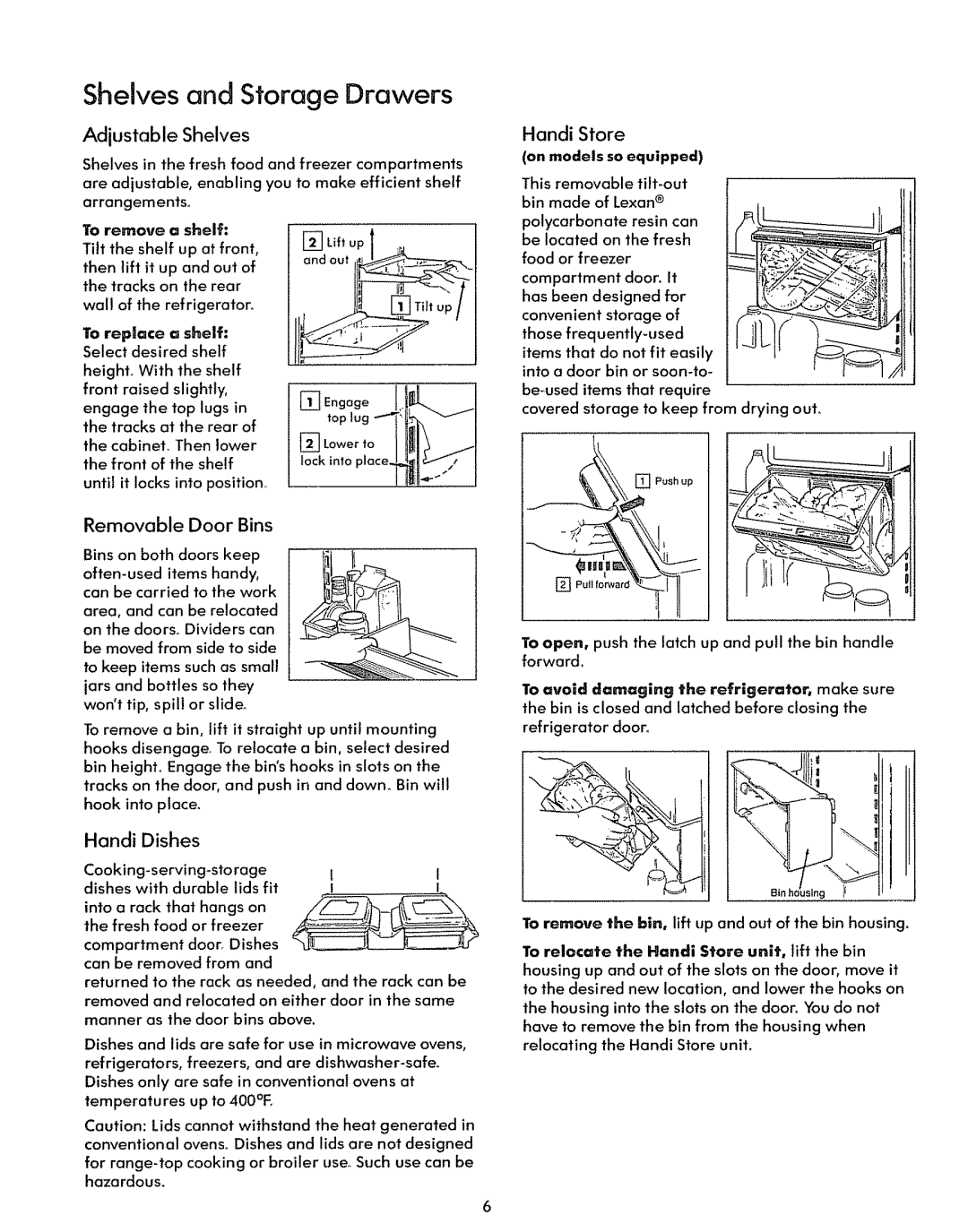 Sears 71288, 71579, 71571 Shelves and Storage Drawers, Adjustable Shelves, Handi Store, Removable Door Bins, Handi Dishes 