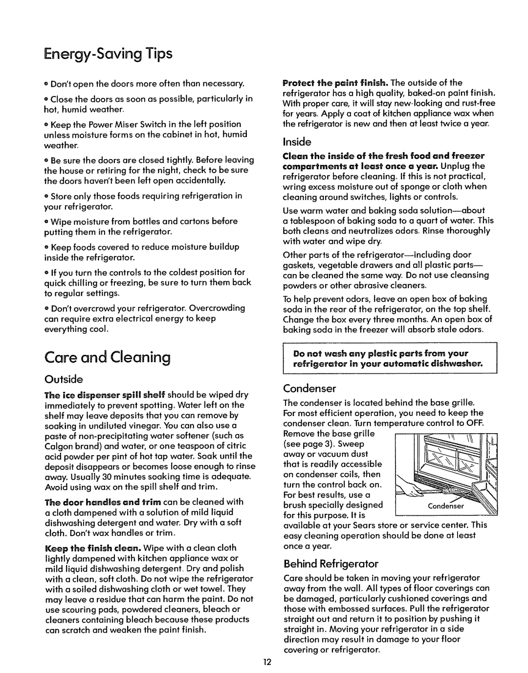 Sears 71281, 71579 Care and Cleaning, Energy-SavingTips, Outside, Inside, Condenser, Behind Refrigerator, refrigerator 