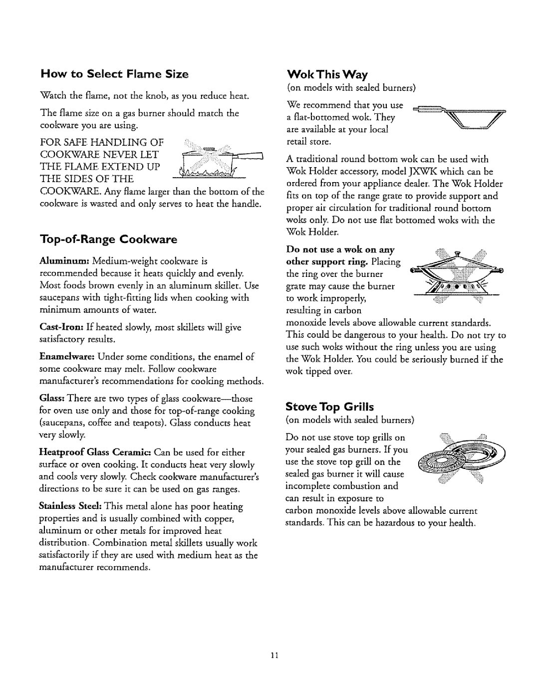 Sears 61061 Wok This Way, Stove Top Grills, On models with sealed burners, How to Select Flame Size, Top-of-Range Cookware 