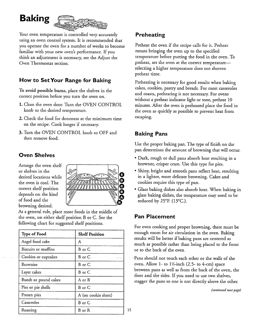 Sears 71751, 71068, 71351, 71168, 71161, 71668 How to SetYour Range for Baking, Preheating, Baking Pans, Pan Placement 