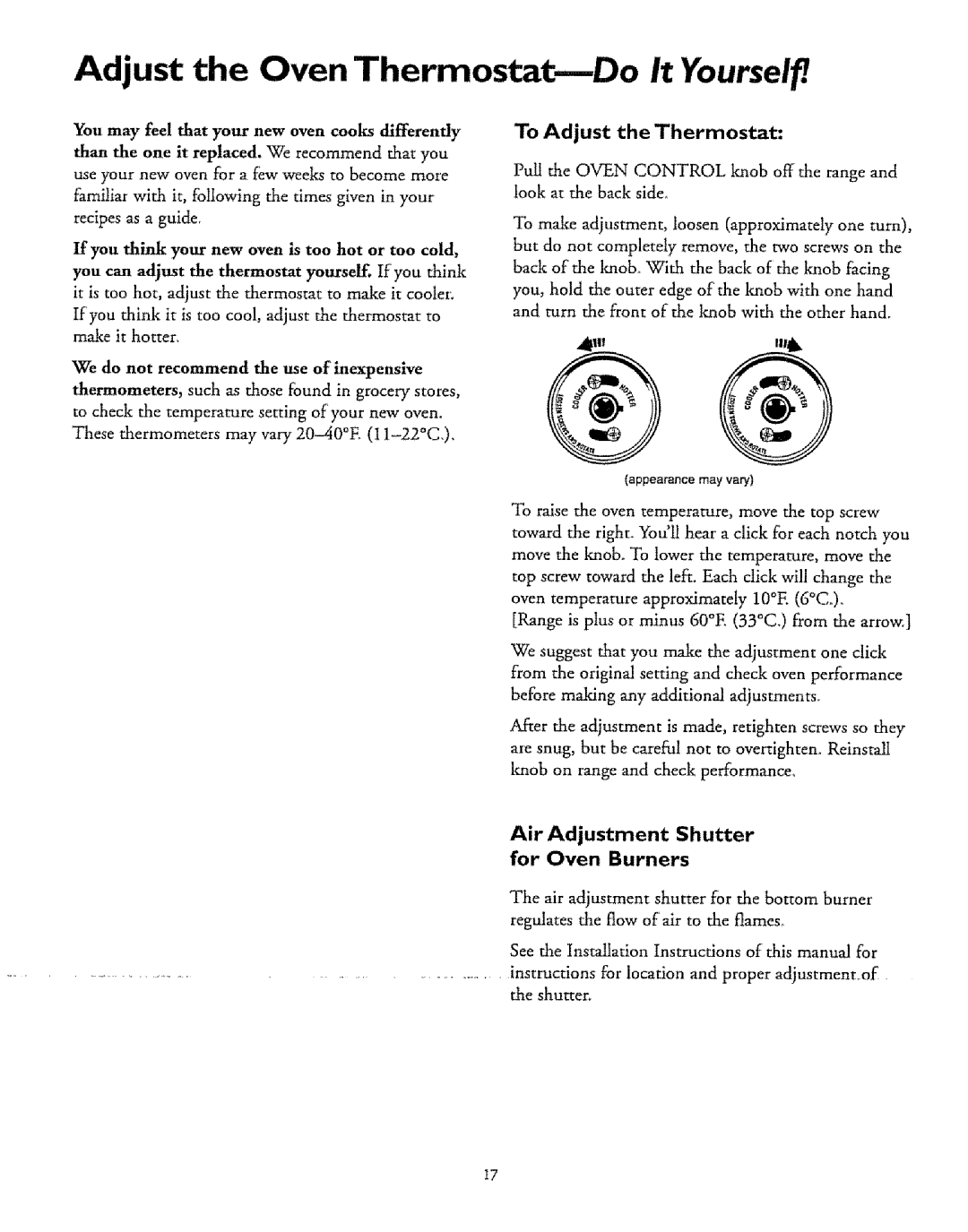 Sears 71351 Adjust the Oven Thermostat--Do It Yoursel, To Adjust the Thermostat, Air Adjustment Shutter for Oven Burners 