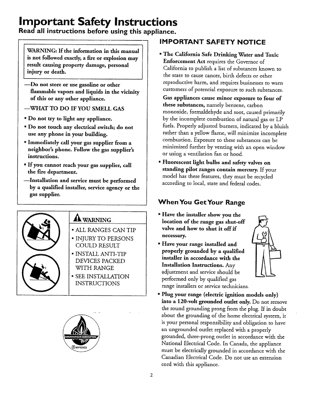 Sears 71351 Important Safety Instructions, When You GetYour Range, Read all instructions before using this appliance 