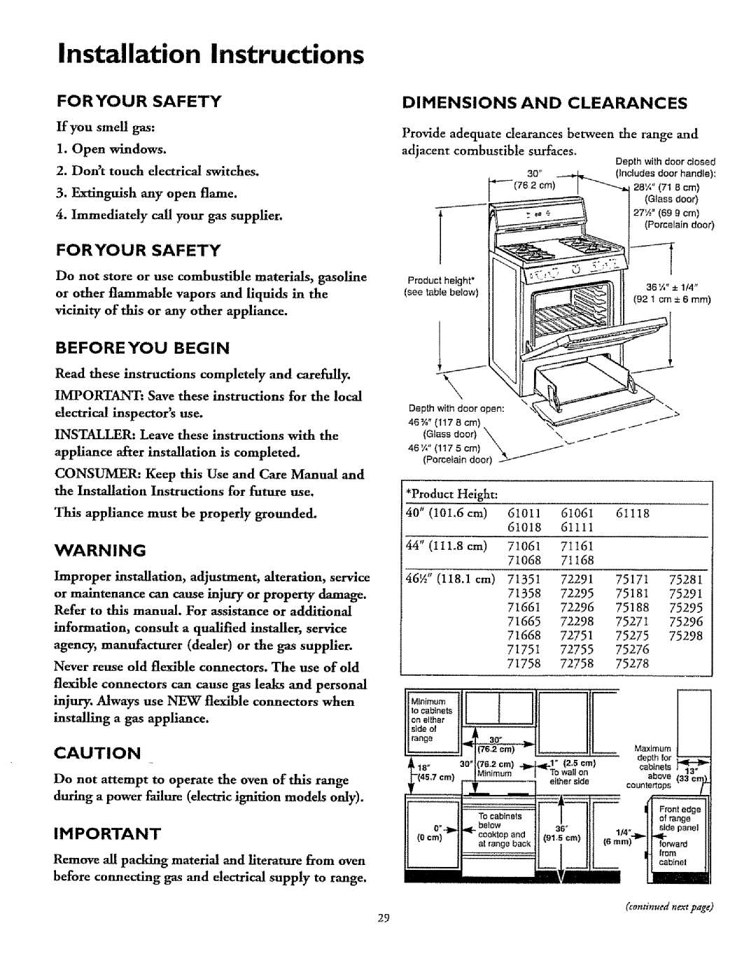 Sears 61018, 71751, 71068, 71351, 71168, 71161, 71668, 71061 Installation Instructions, Open windows, Extinguish any open flame 