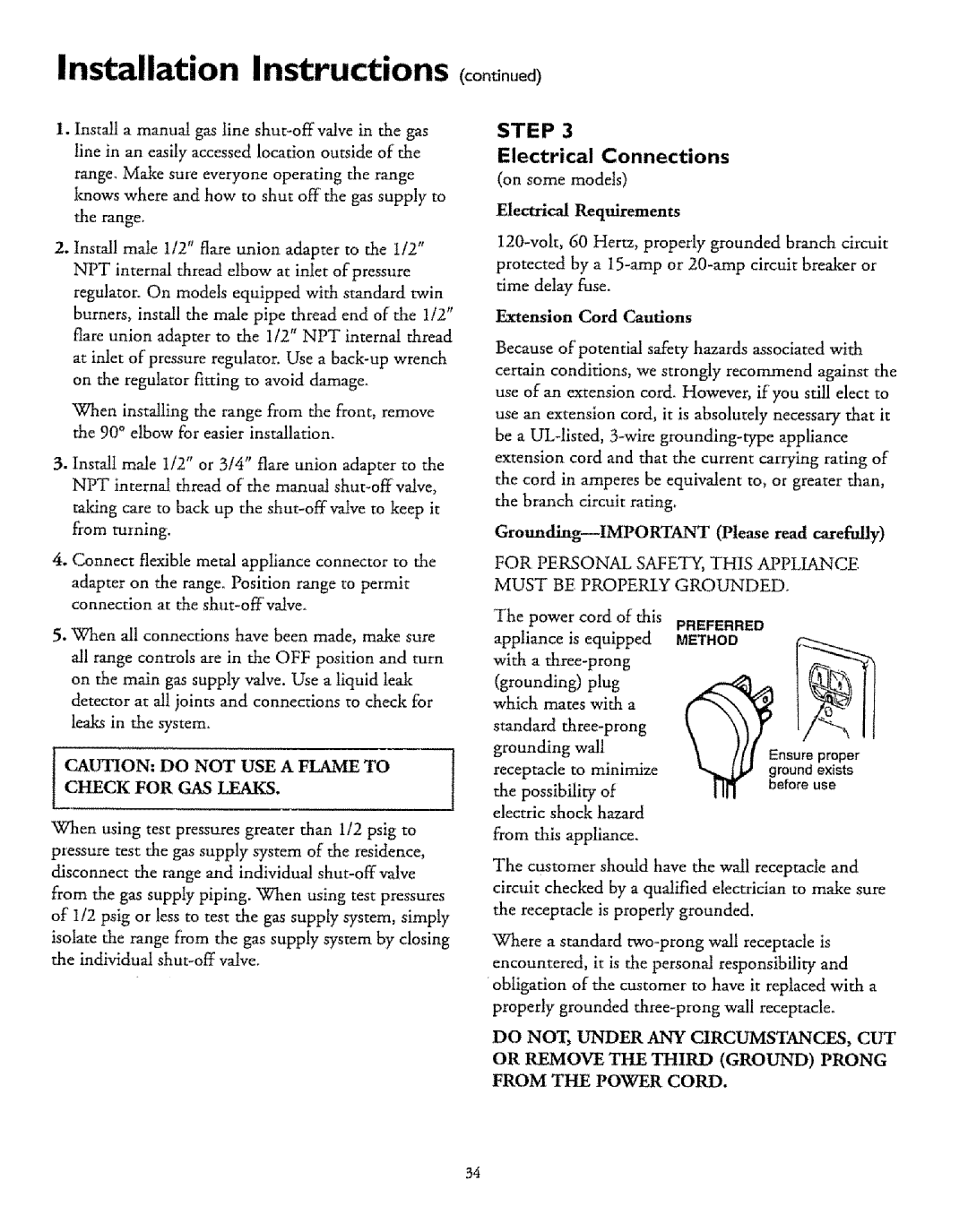 Sears 71161, 71751 Installation Instructions, Electrical Connections, Electrical Requirements, Extension Cord Cautions 