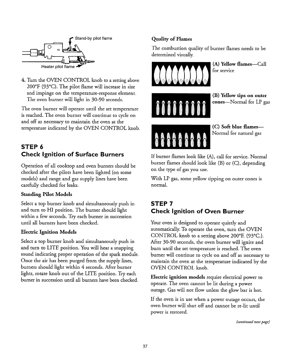 Sears 71661 Check Ignition of Surface Burners, Soft blue flames-- Normal for natural gas, Check Ignition of Oven Burner 