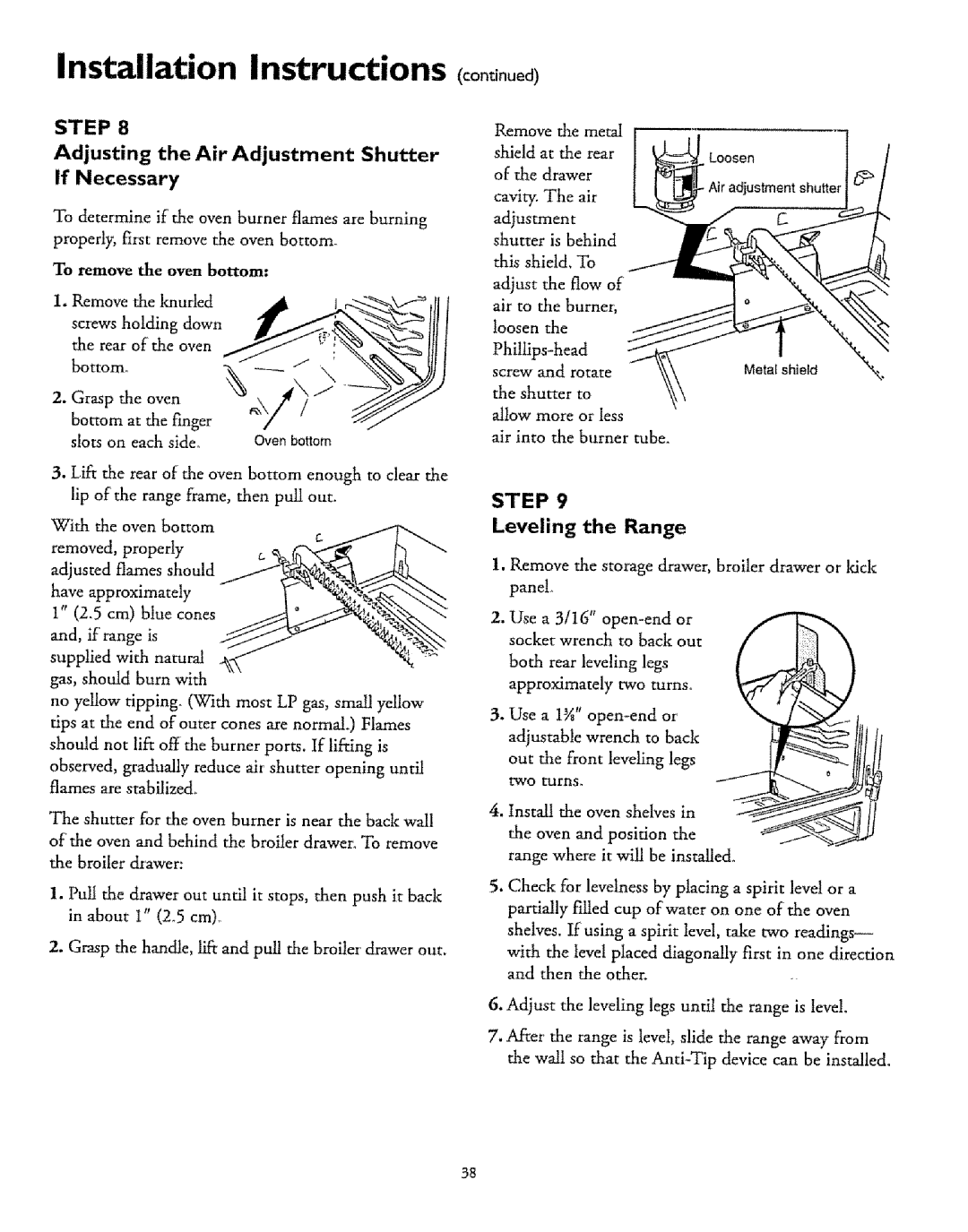 Sears 71358, 71751, 71068, 71351, 71168, 71161, 71668 Adjusting the Air Adjustment Shutter if Necessary, Levelingthe Range 