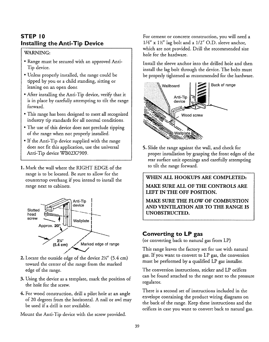 Sears 71665, 71751, 71068, 71351 Step Installing the Anti-Tip Device, VENTILATION AIR to the Range is, Converting to LP gas 