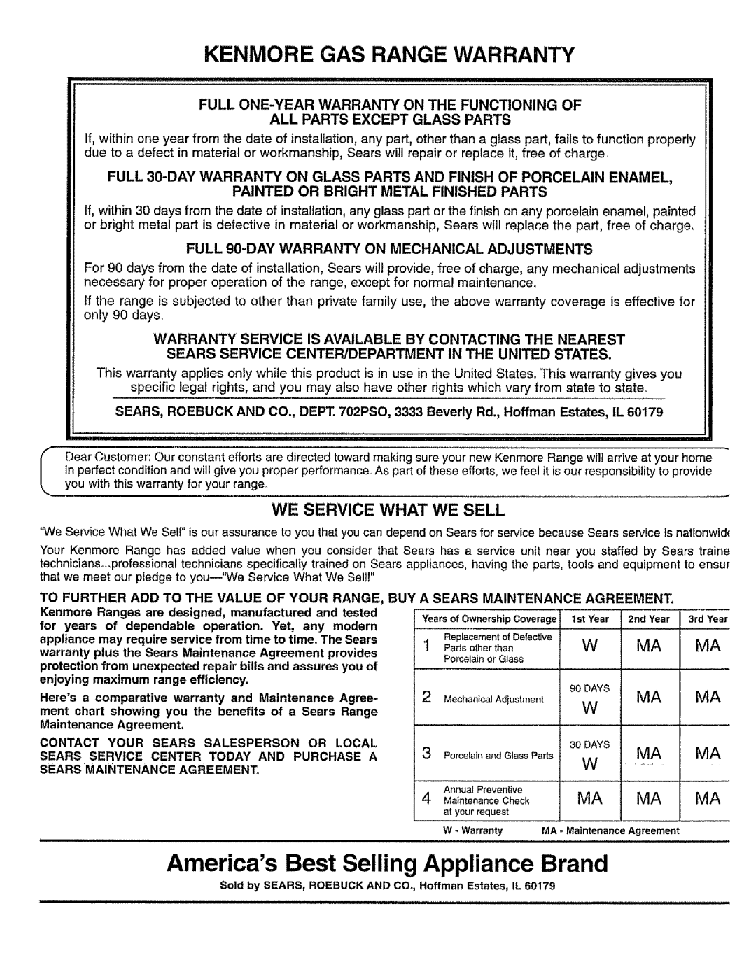 Sears 61111, 71751, 71068, 71351, 71168, 71161, 71668, 71061 Americas Best Selling Appliance Brand, Kenmore GAS Range Warranty 