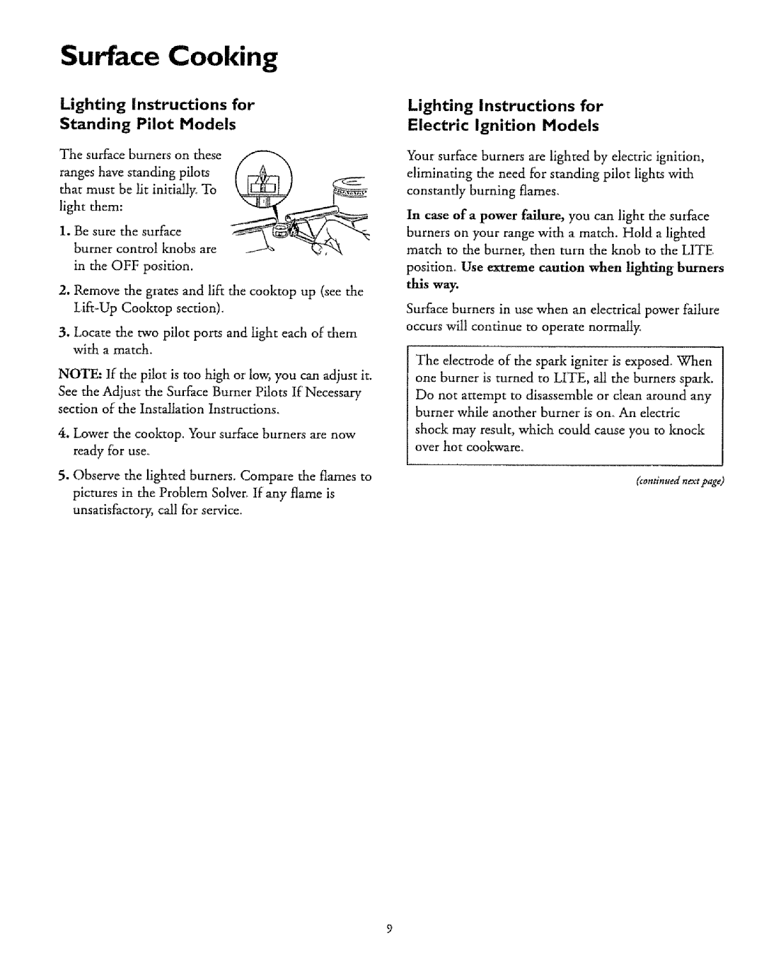 Sears 71665, 71751, 71068, 71351, 71168, 71161, 71668, 71061 Surface Cooking, Lighting Instructions for Standing Pilot Models 