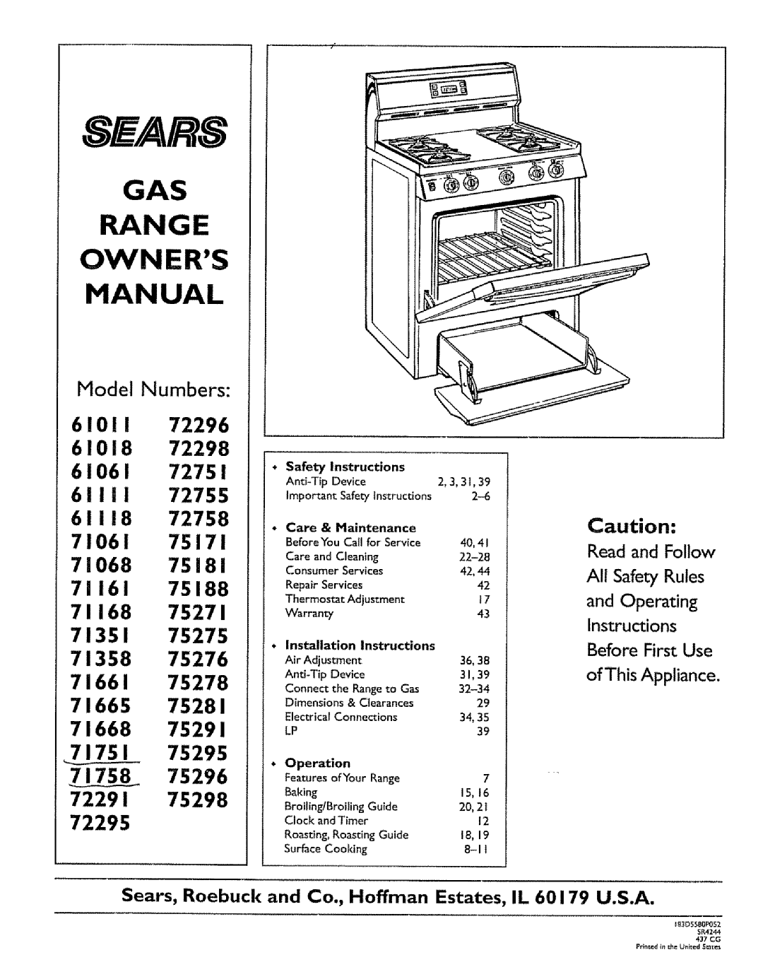 Sears 71068 owner manual Gas Range Owners Manual, Sears, Read and Follow All Safety Rules and Operating, Instructions 