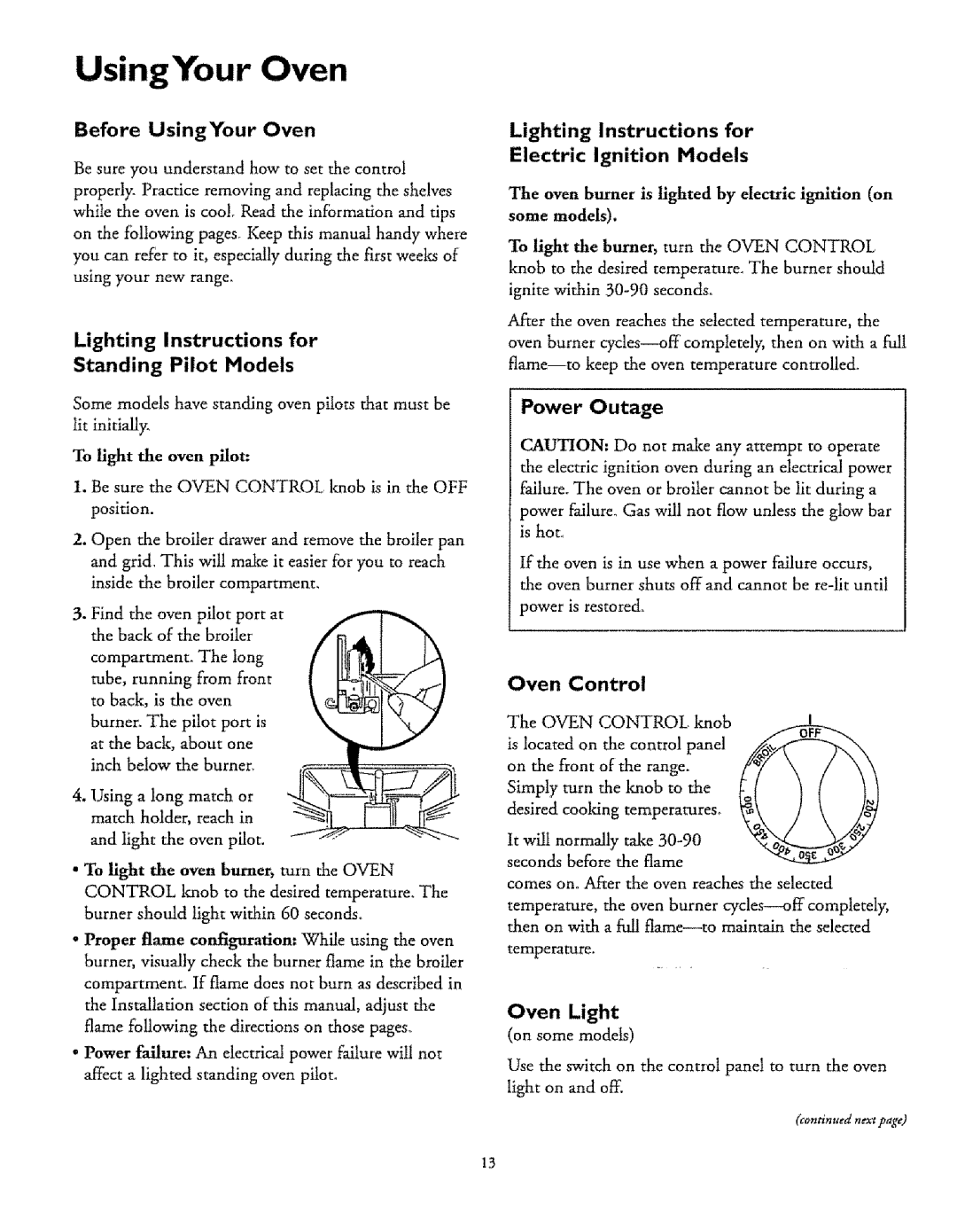 Sears 61111, 71751 UsingYour Oven, Lighting Instructions for Standing Pilot Models, Electric Ignition Models, Oven Control 