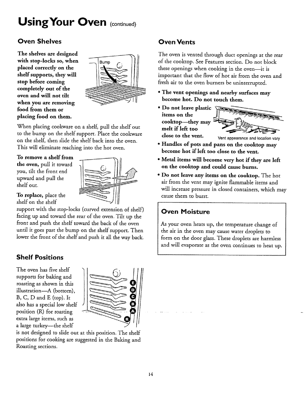 Sears 61018, 71751, 71068 Using Your Oven ooo oood, Oven Shelves, Shelf Positions, The shelves are designed, Oven Vents 