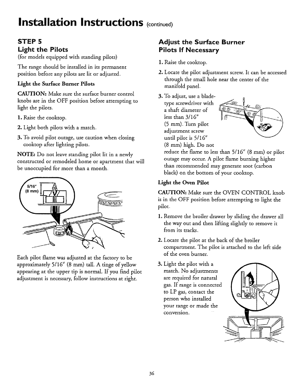 Sears 71061 Installation Instructions o0 ,0uod, Step, Light the Pilots, Adjust the Surface Burner Pilots If Necessary 