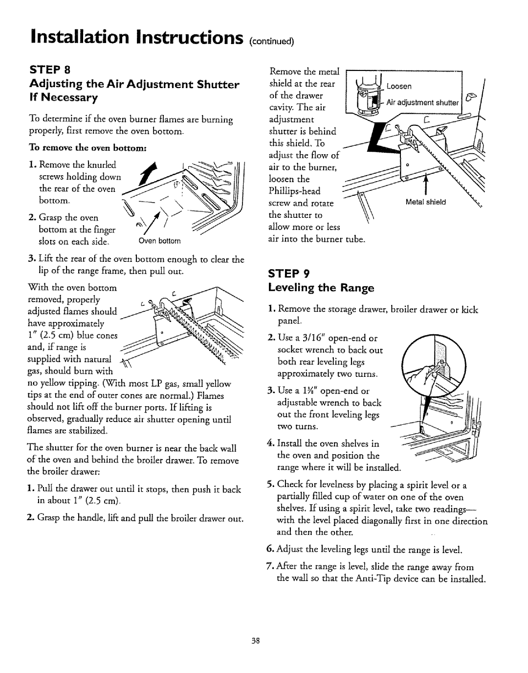 Sears 71358 Installation Instructions, Step, Adjusting the Air Adjustment Shutter if Necessary, To remove the oven bottom 