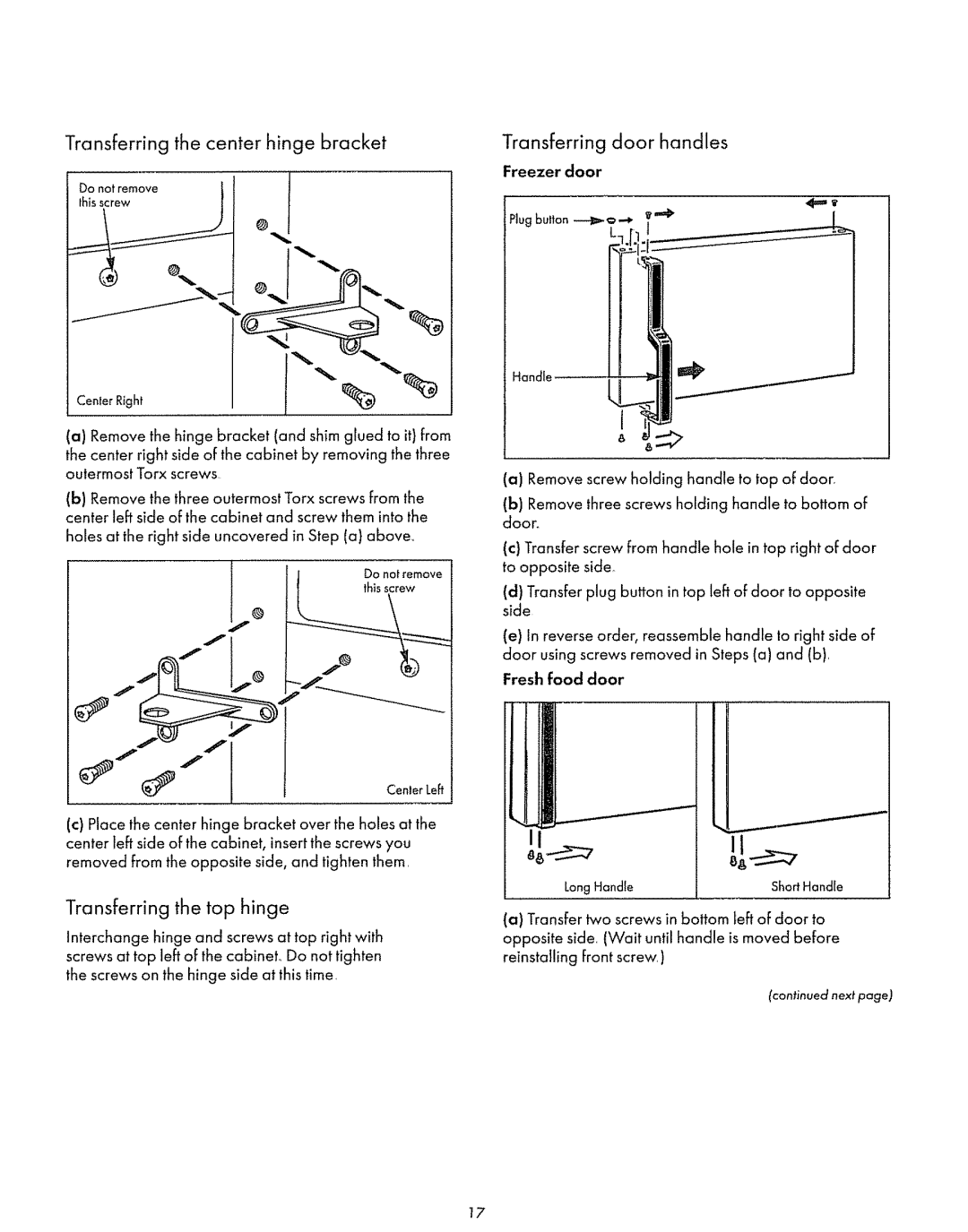 Sears 61968, 71968, 71961 manual Transferring the center hinge bracket, Transferring the top hinge, Transferring door handles 