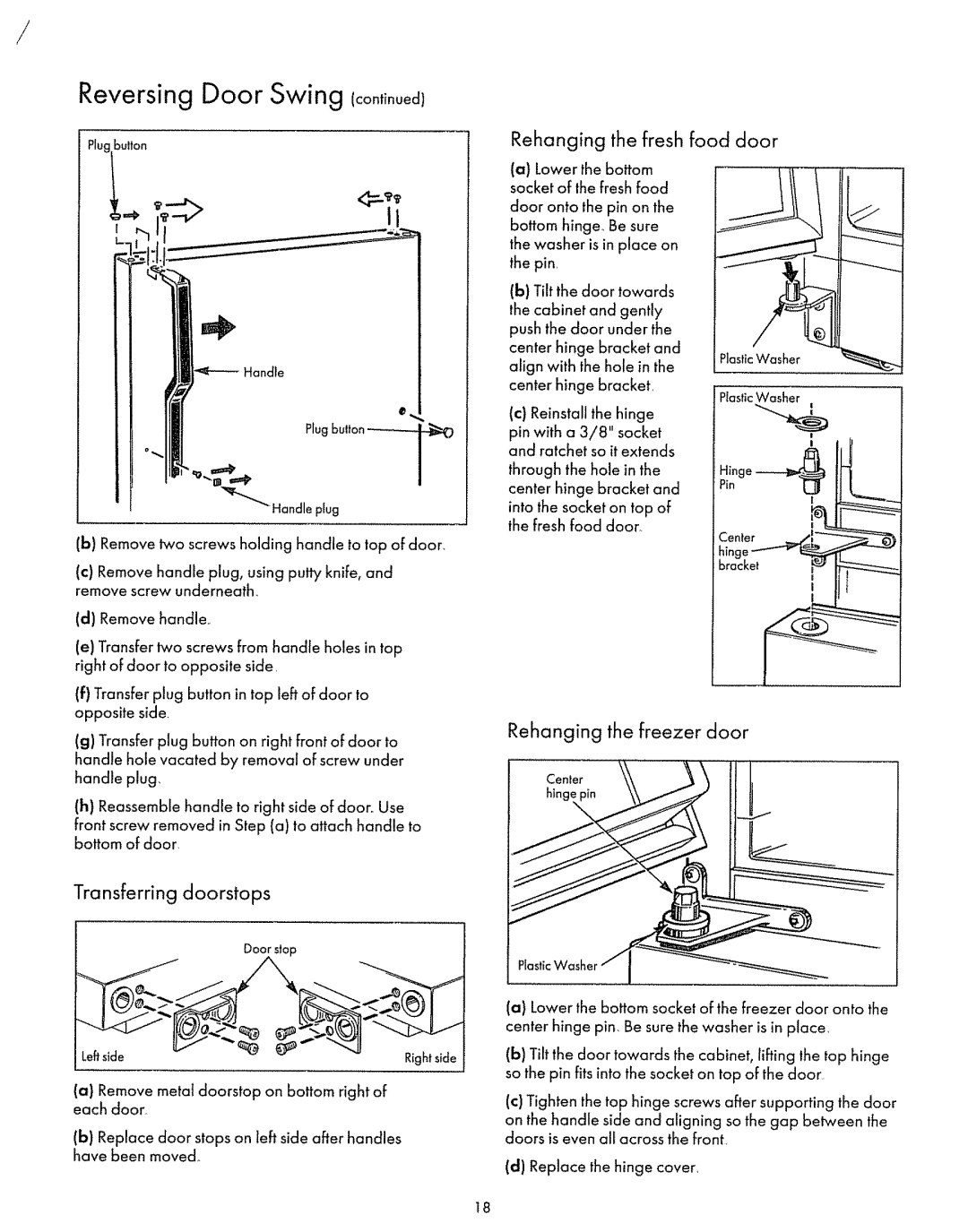 Sears 60588, 71968, 71961, 7T278, 70581 Rehanging the fresh food door, Rehanging the freezer door, Transferring doorstops 