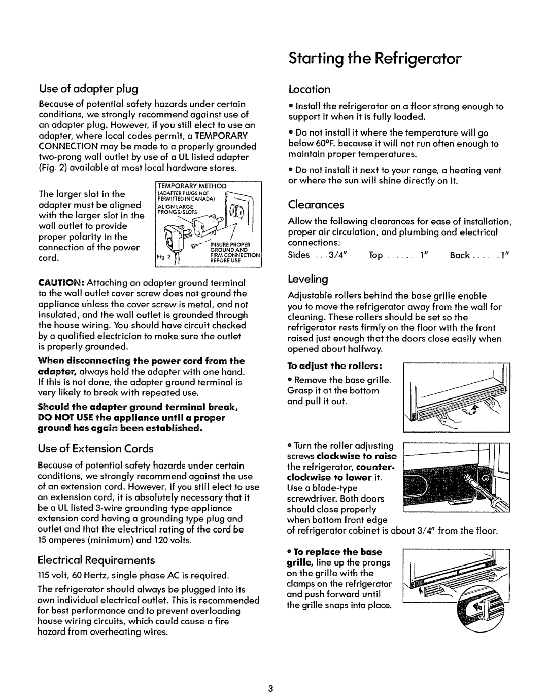 Sears 70581 Starting the Refrigerator, Use of adapter plug, Use of Extension Cords, Electrical Requirements, Leveling 