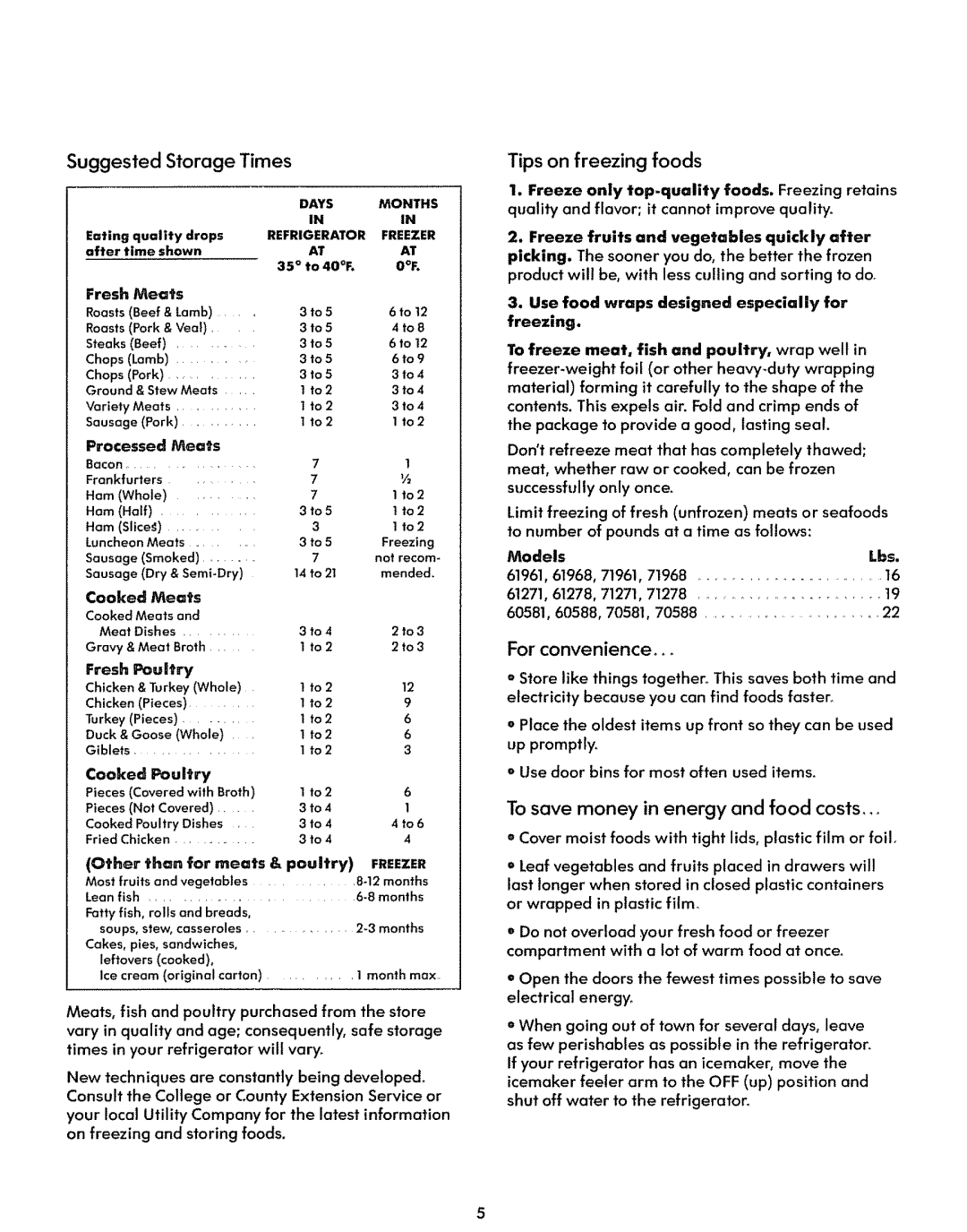 Sears 61968, 71968, 71961, 7T278, 70581, 6T 278, 60588, 70588 Tips on freezing foods, To save money in energy and food costs 