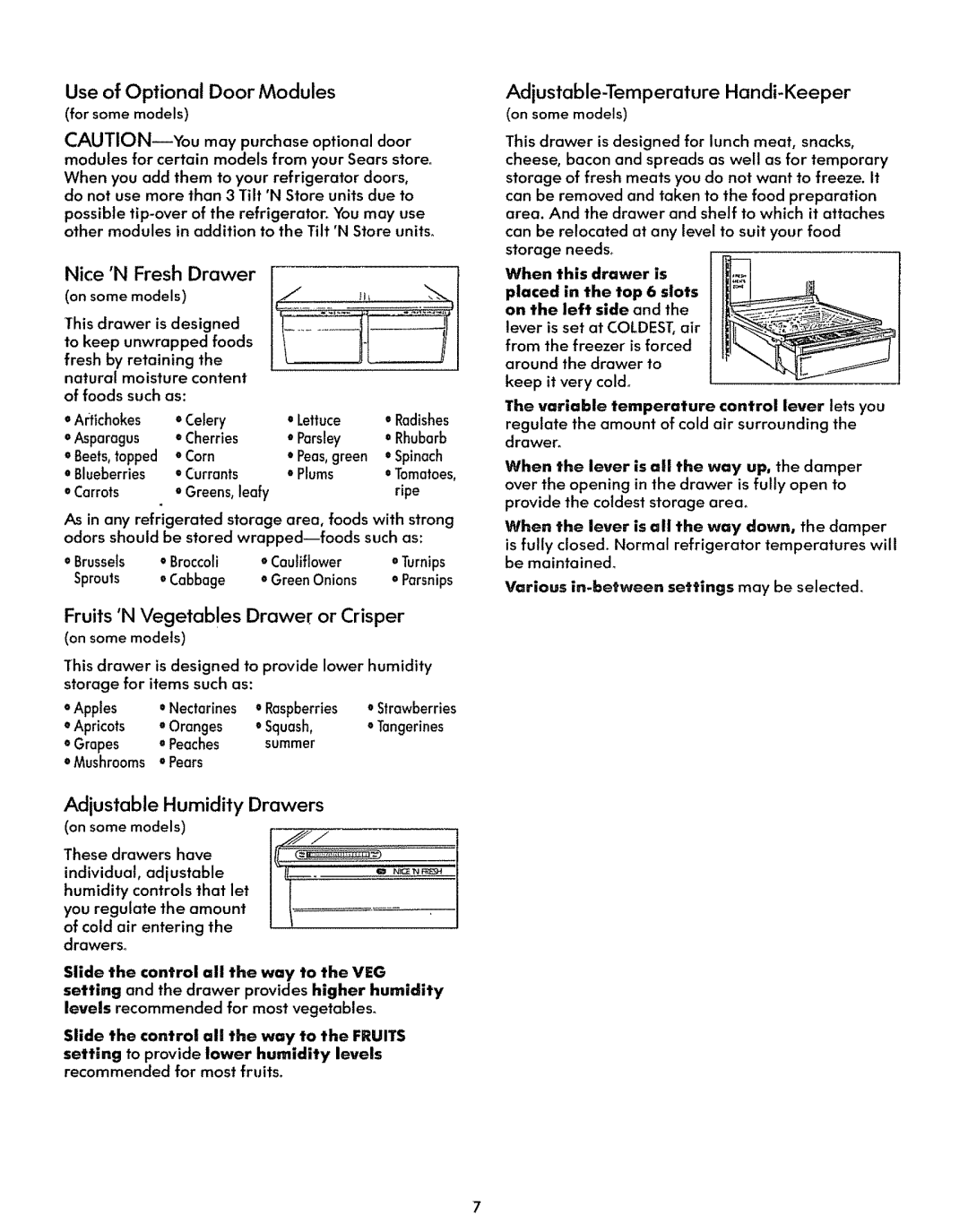 Sears 70588, 71968, 71961 Nice NFresh Drawer, Fruits NVegetables Drawer or Crisper, Adjustable-Temperature Handi-Keeper 