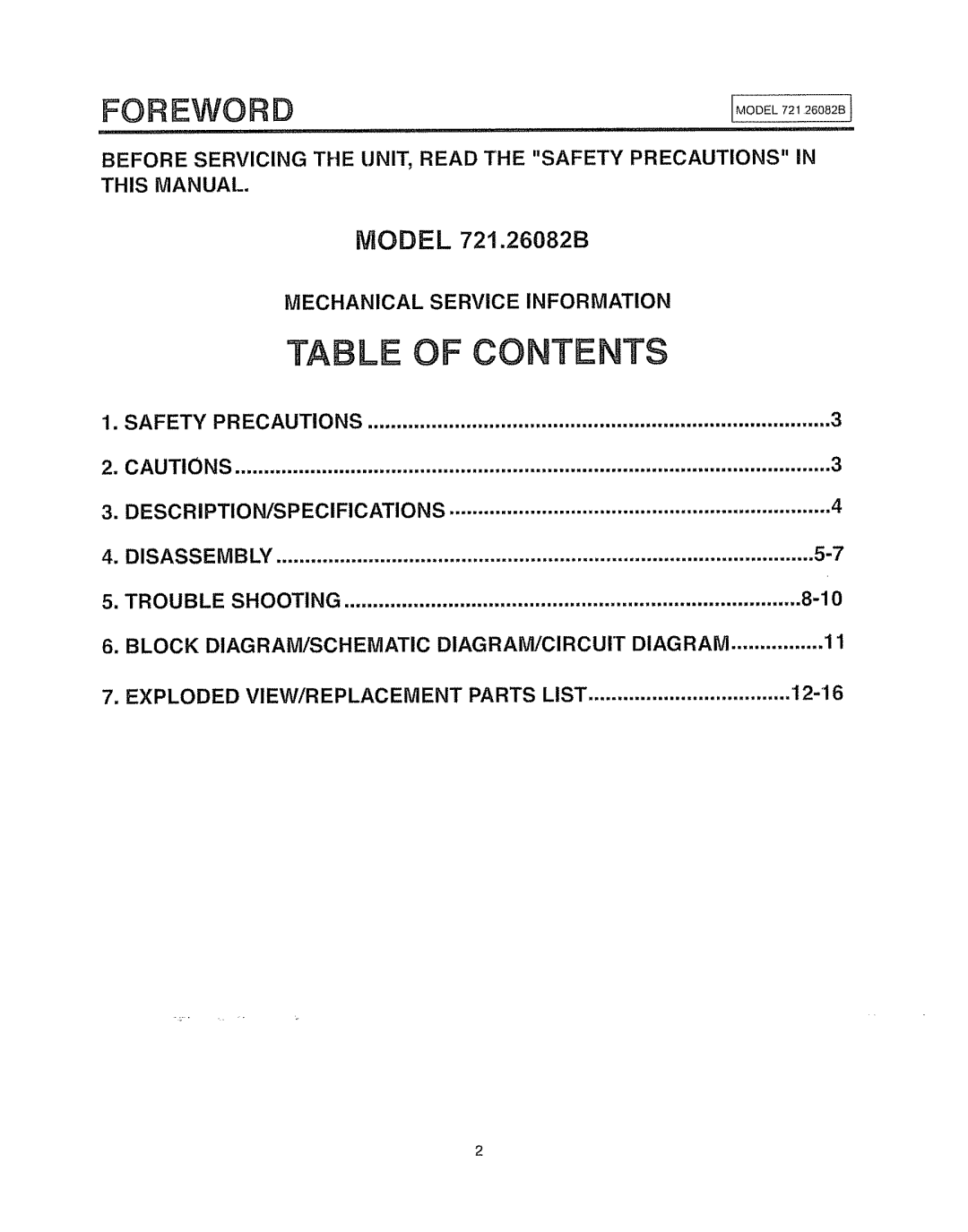 Sears 721.26082B manual Table of Contents 