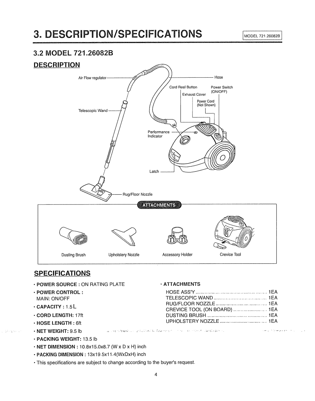 Sears 721.26082B manual Description/Specifications, Packing Weight I3..5 Ib 